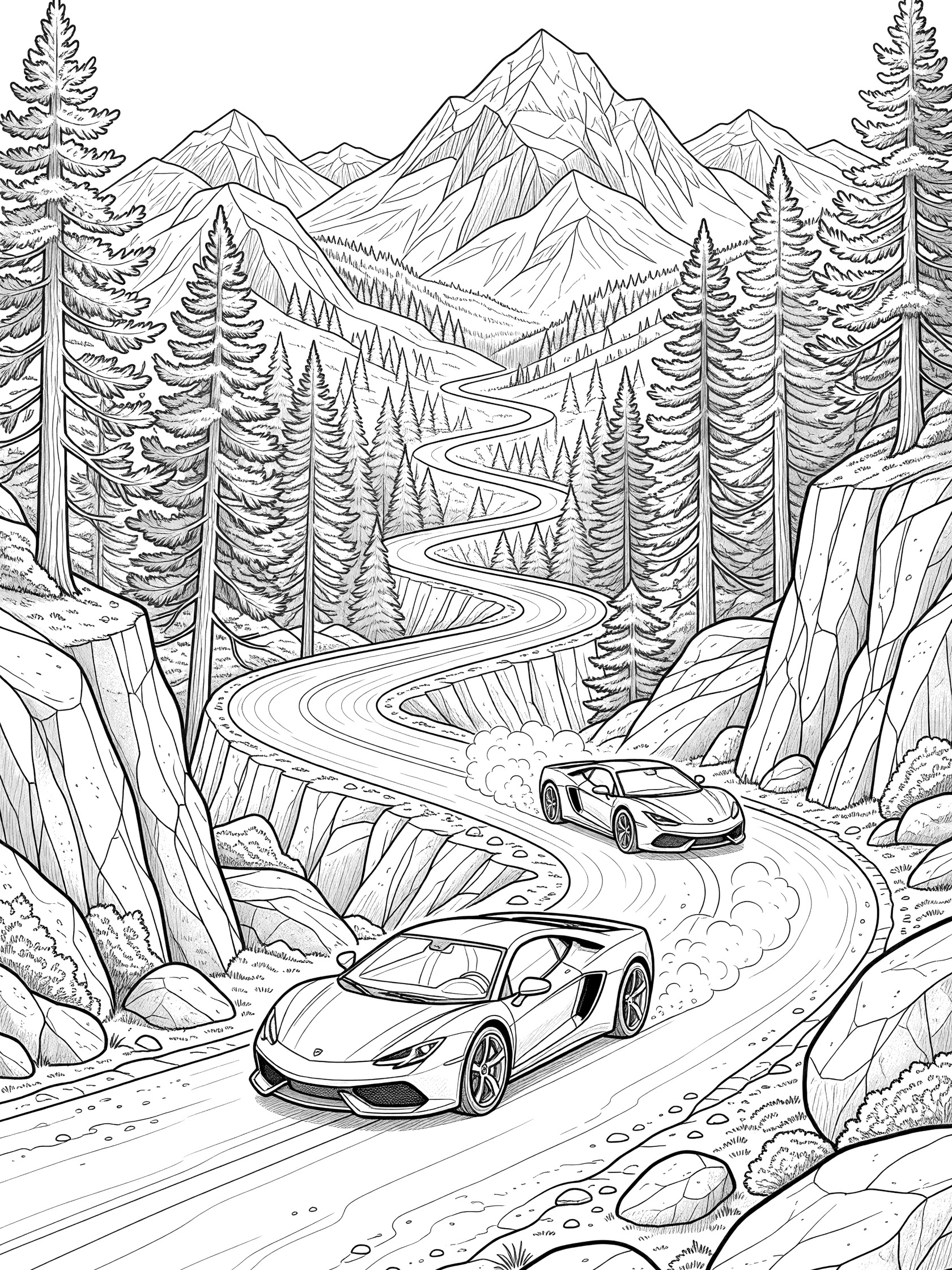 Black-and-white line art of two sports cars climbing a curvy mountain road, surrounded by tall pine trees, rocks, and distant snowy mountains.