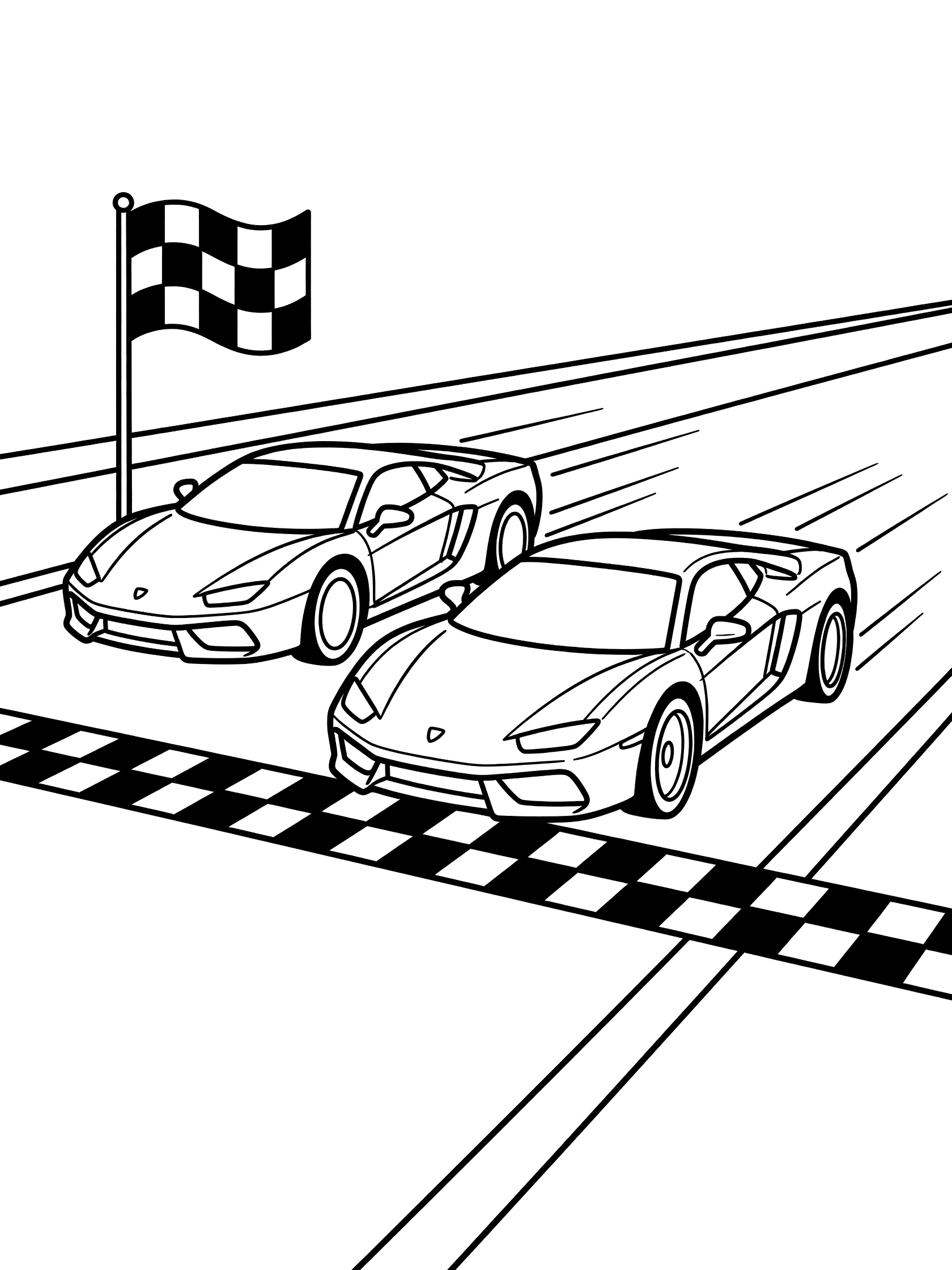 Black and white line art of two sports cars racing across a checkered finish line on a track with flag