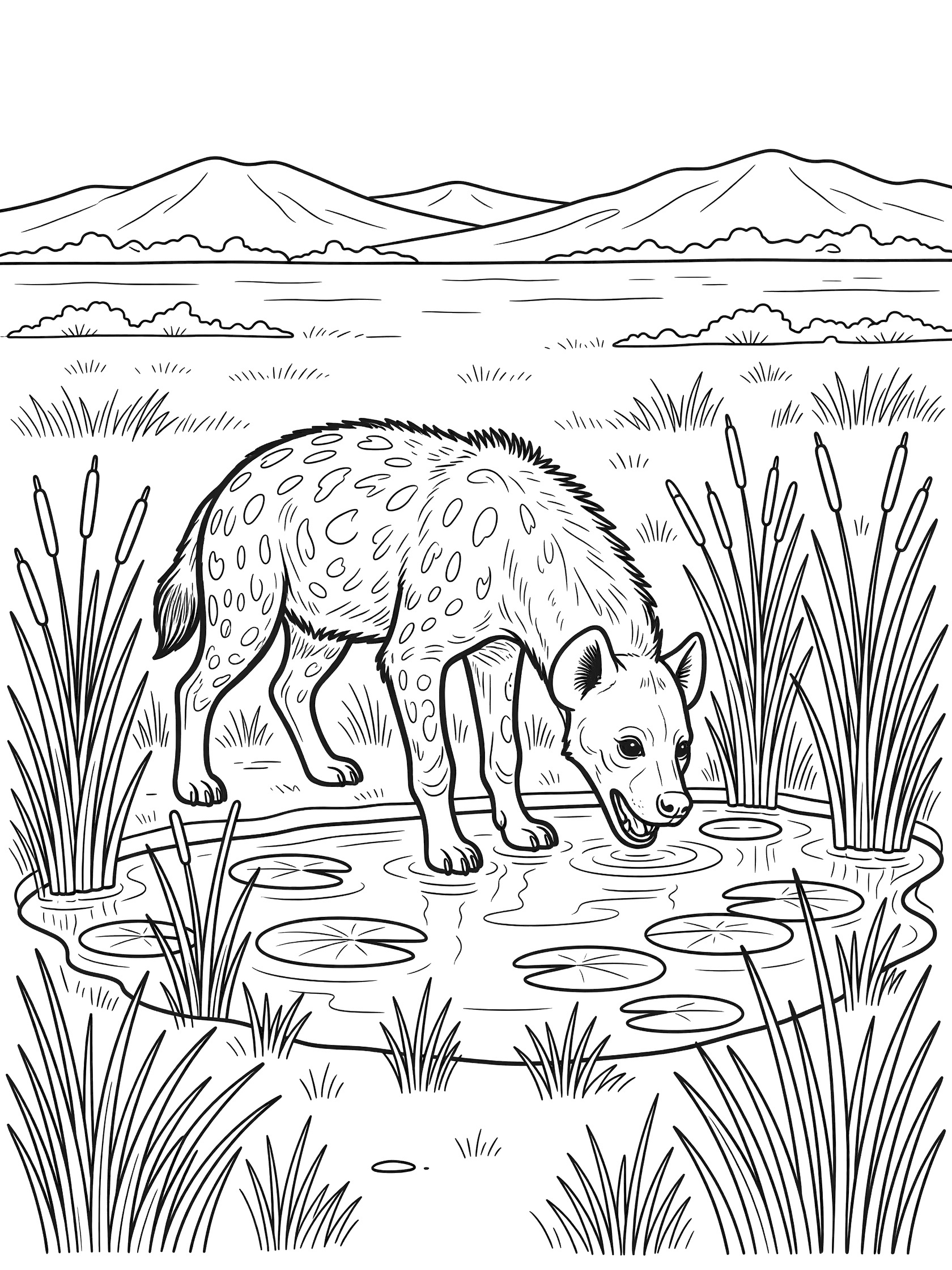 Black and white line art coloring page showing a spotted hyena bending down to drink from a pond surrounded by reeds and lily pads, with savanna grasses and distant mountains.