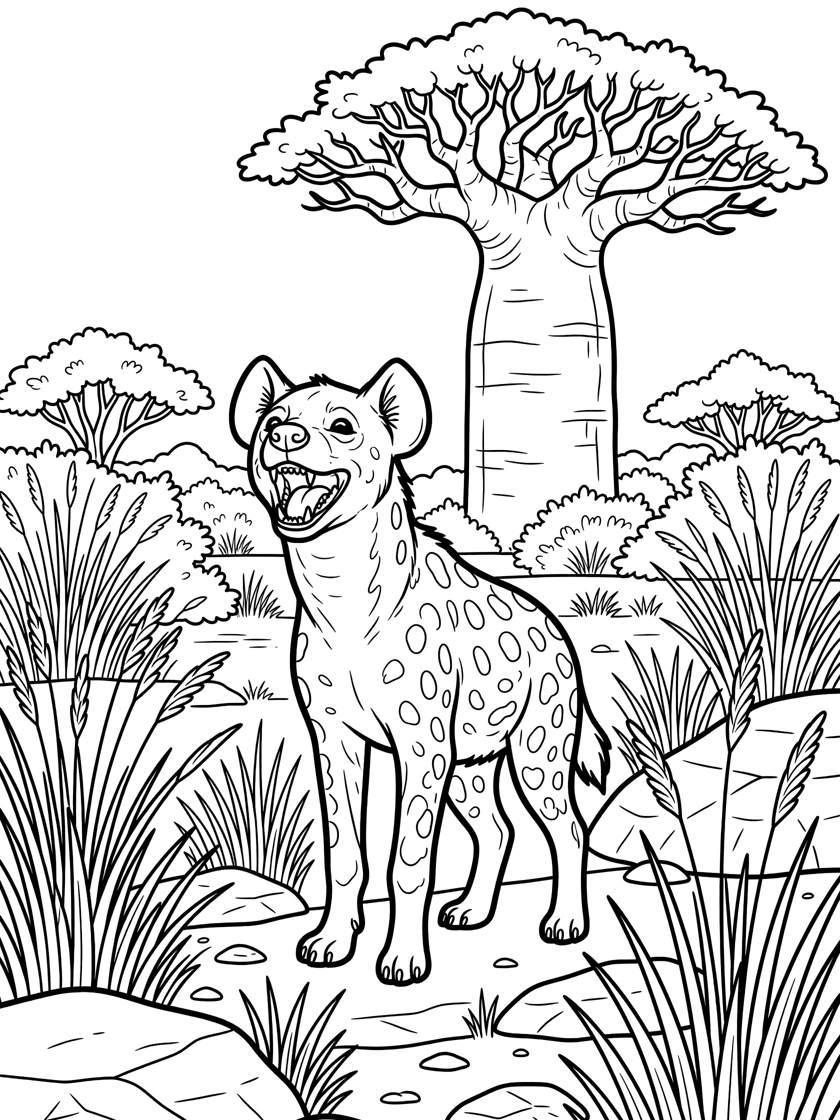 Black and white line art coloring page showing a joyful spotted hyena with open laughing mouth and spotted fur standing on rocky ground amid tall grasses, bushes and a tall baobab tree in savanna.
