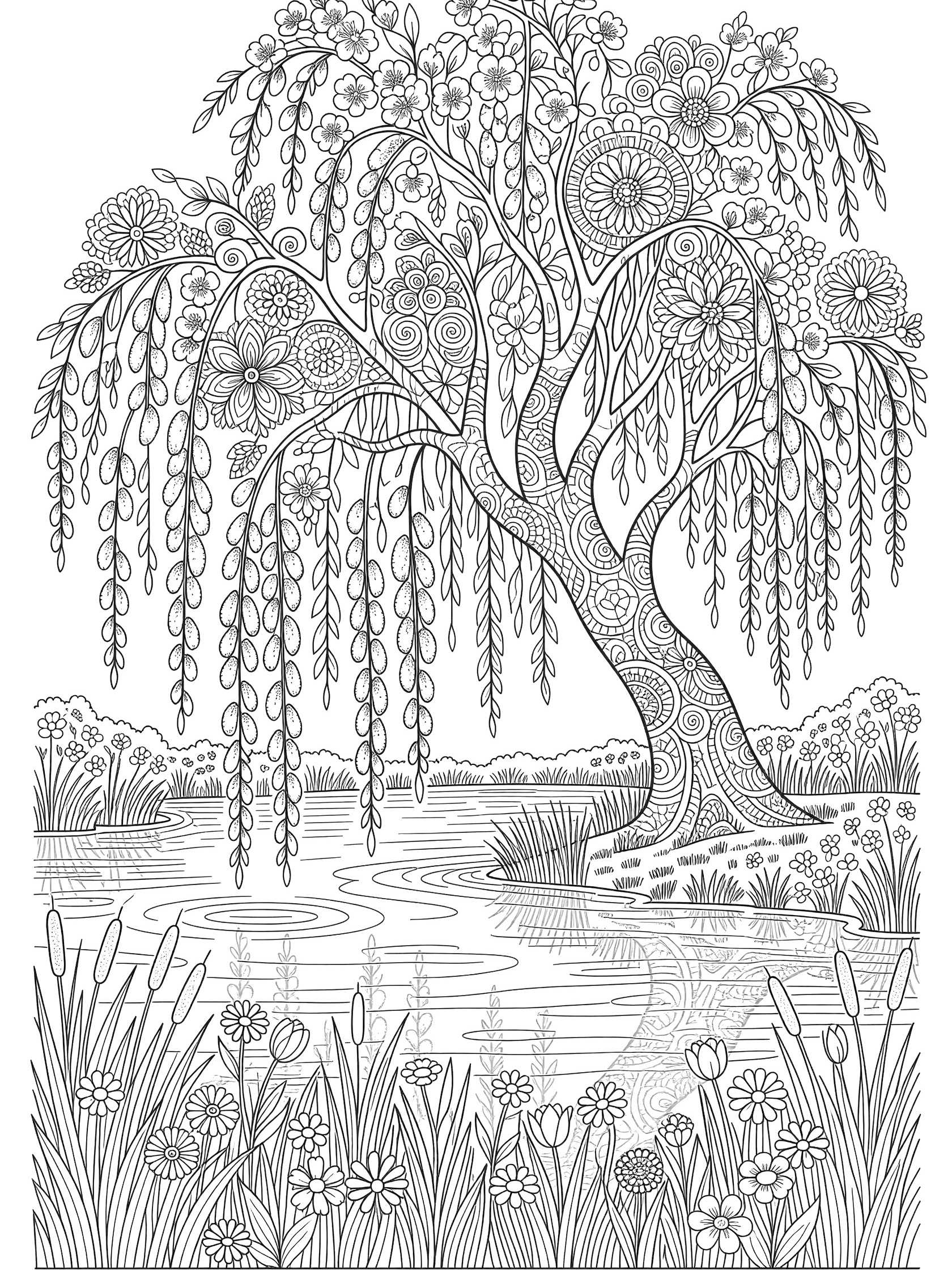 Intricate line art coloring page featuring a spring blossom willow tree with long branches trailing into a pond, surrounded by reeds and wildflowers.
