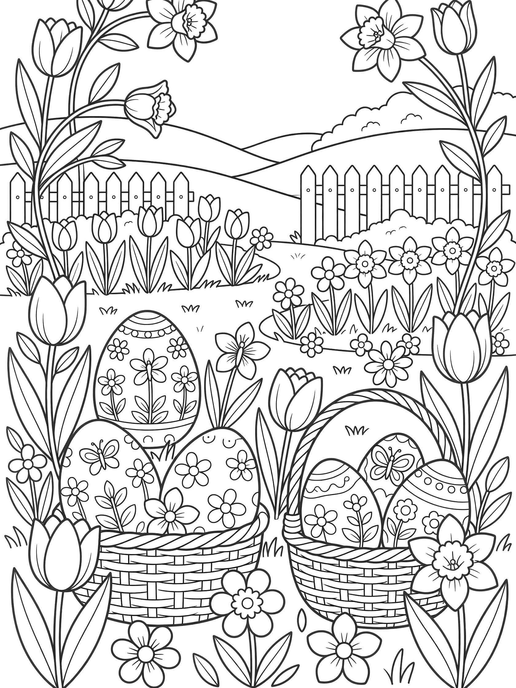 Line art coloring page showing decorative Easter eggs among blooming tulips and daffodils in a whimsical spring garden with baskets and a fence.
