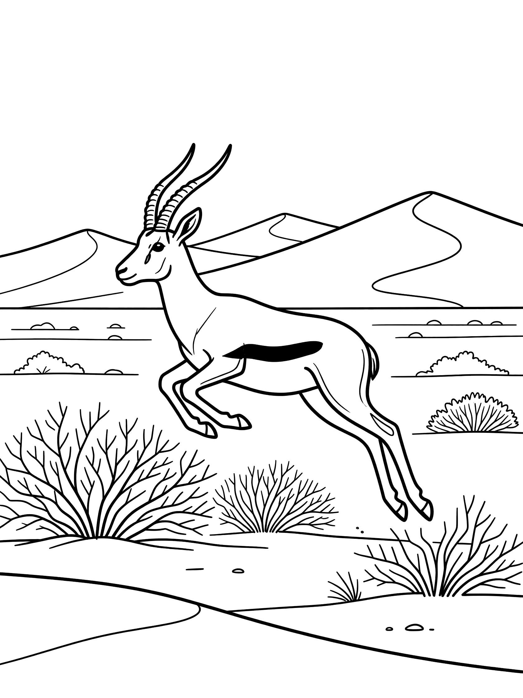 Black-and-white coloring page showing a springbok jumping high over bushes on Kalahari Desert plains with curved horns and red dunes behind.