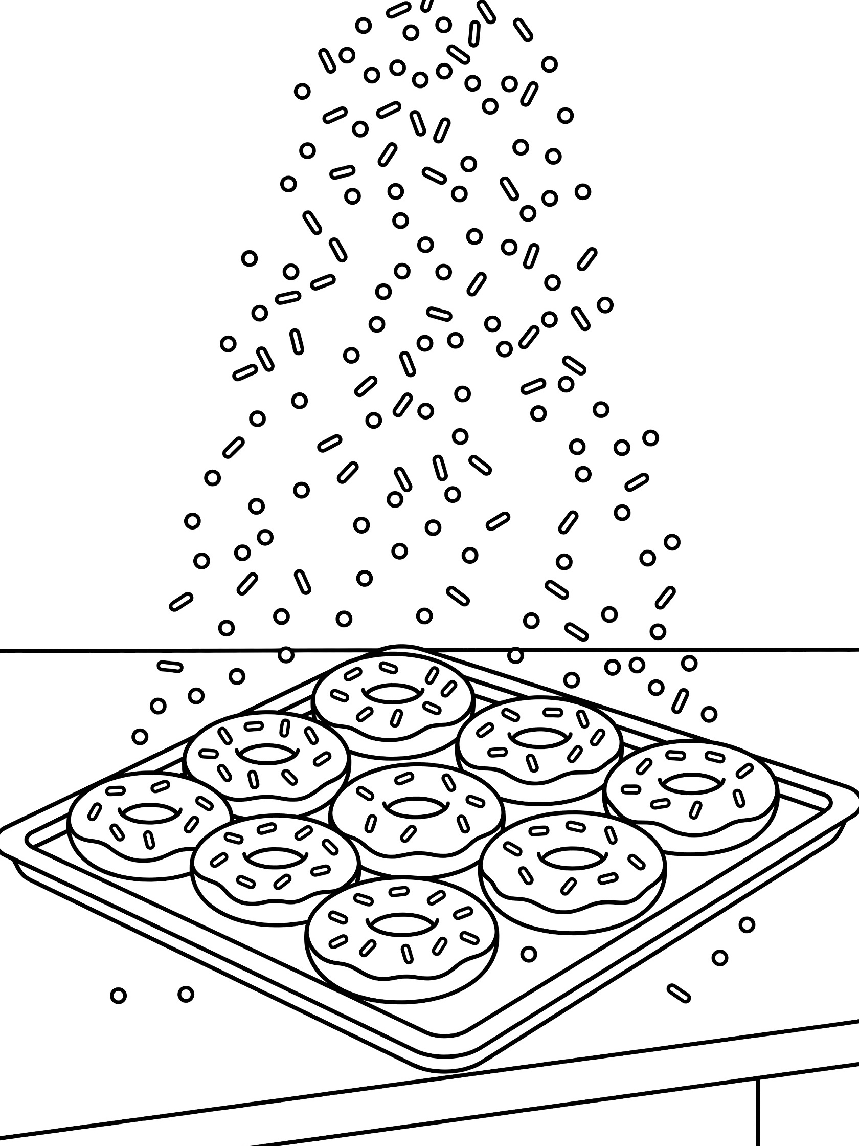 Line art coloring page showing a tray of nine round donuts on a kitchen counter with sprinkles raining down from above