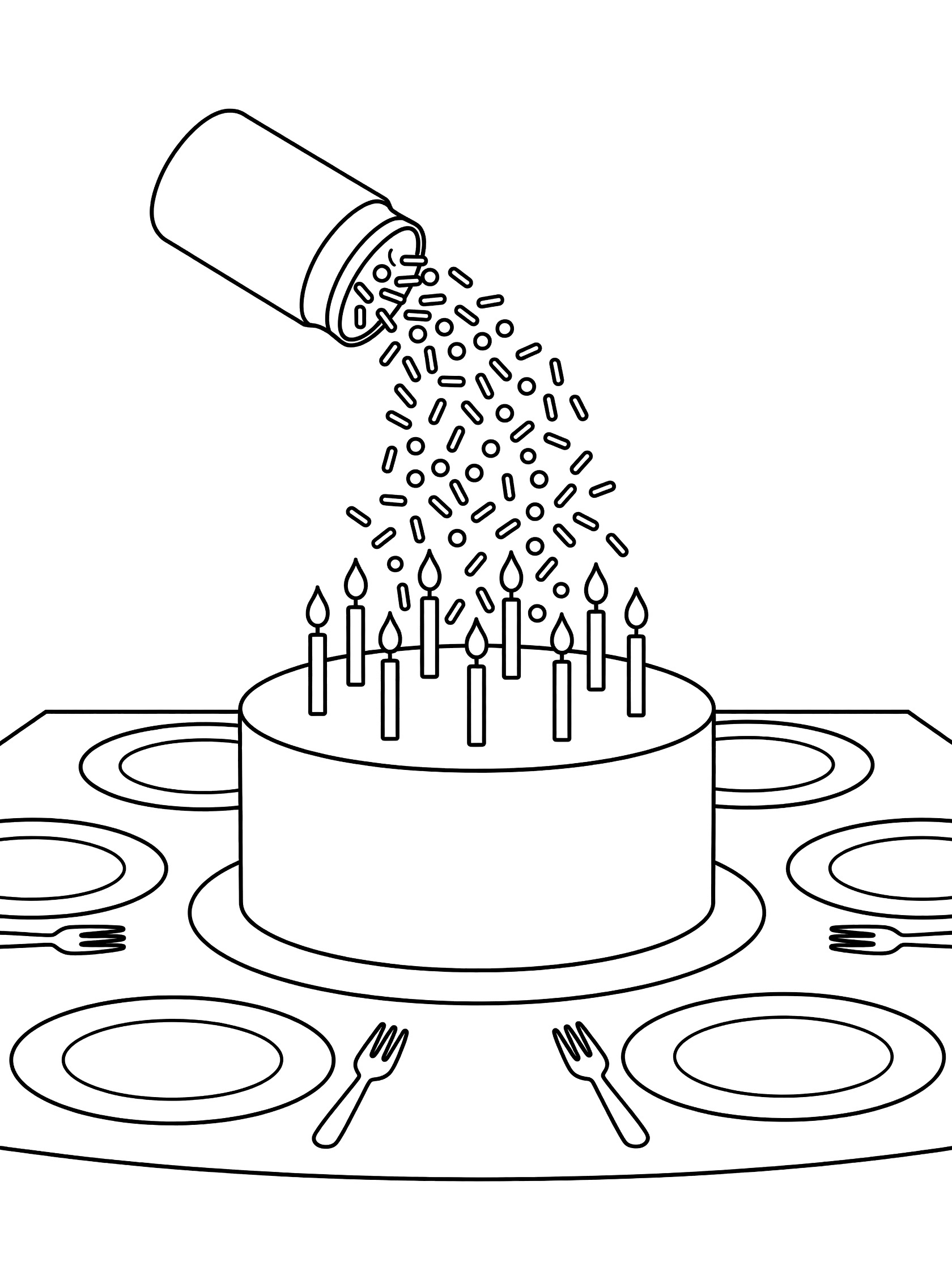 Line art coloring page showing a birthday cake with candles getting colorful sprinkles from a shaker, surrounded by plates and forks on a table