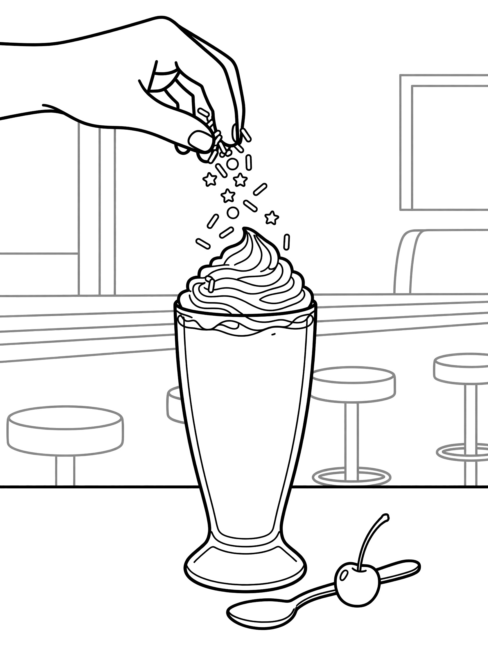 Printable coloring page of a tall strawberry milkshake topped with whipped cream as a hand sprinkles on colorful toppings, with a spoon and cherry on the counter