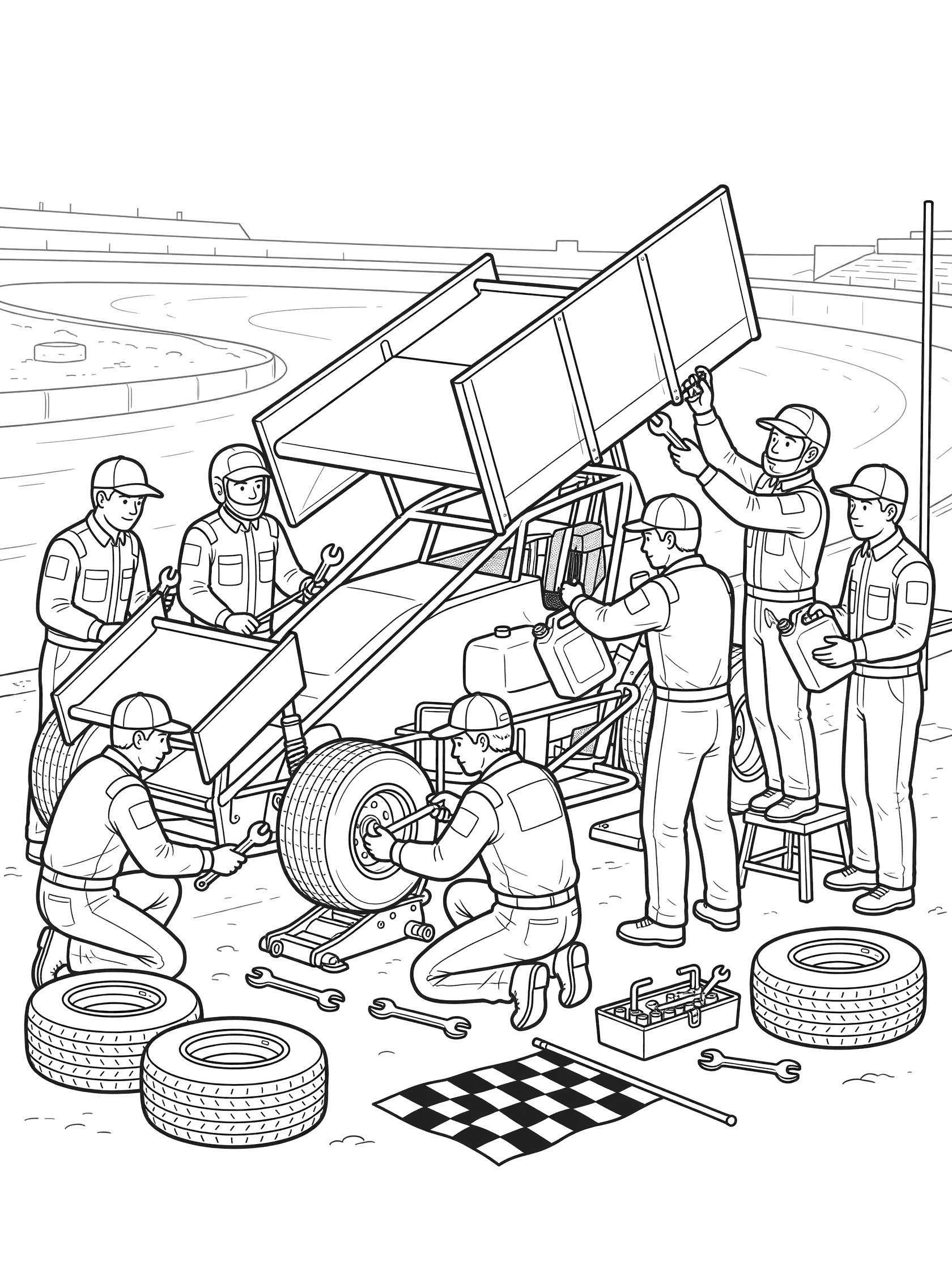 Black-and-white coloring page of a sprint car on a jack in a dirt track pit stop, with mechanics using tools on tires, fuel, and wing, spare tires, checkered flag, and racetrack background.