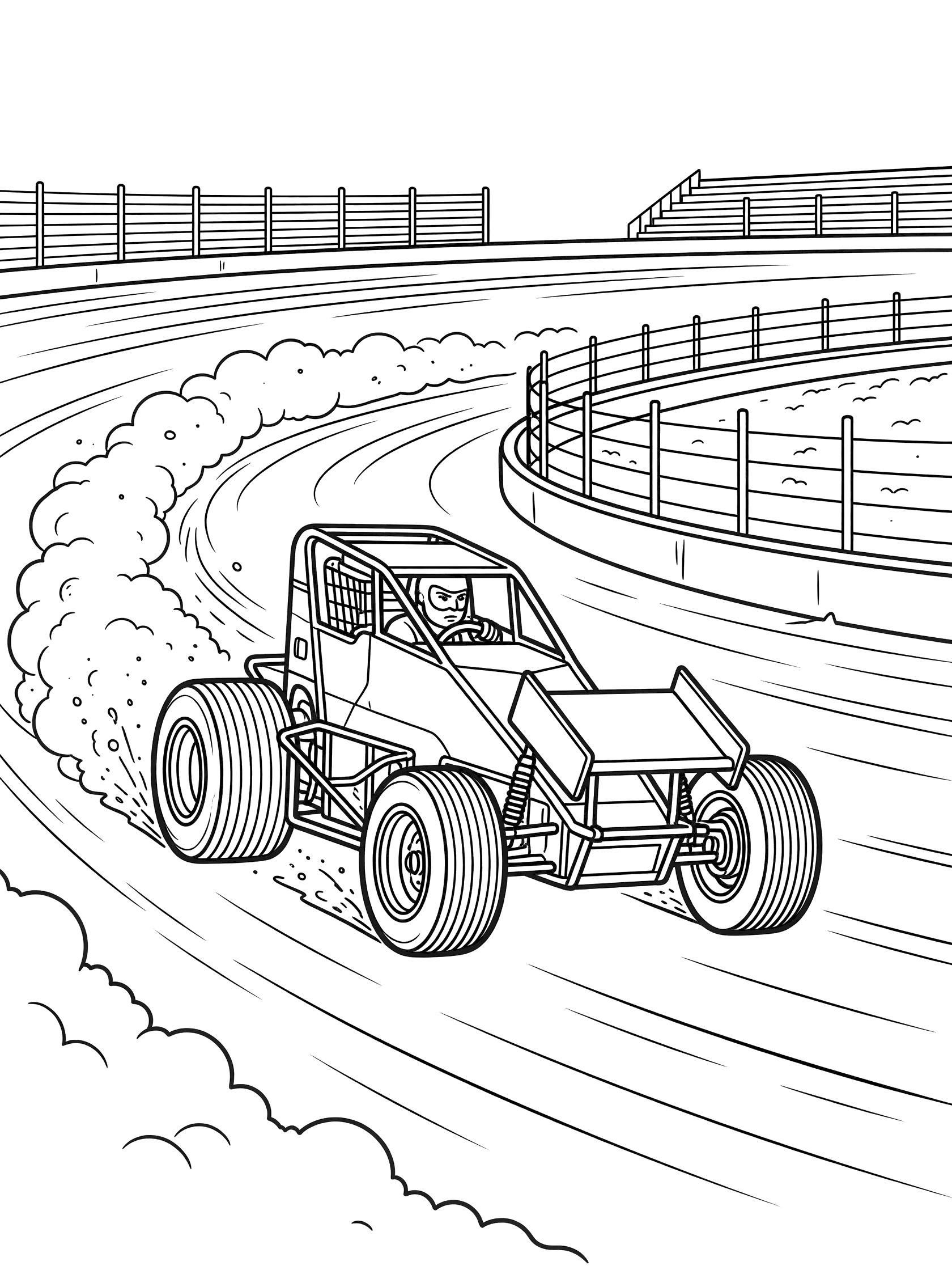 Black and white line art of a sprint car racing on a dirt track, with open wheels, large tires, wing, driver in roll cage, dust clouds, barriers, and grandstands.