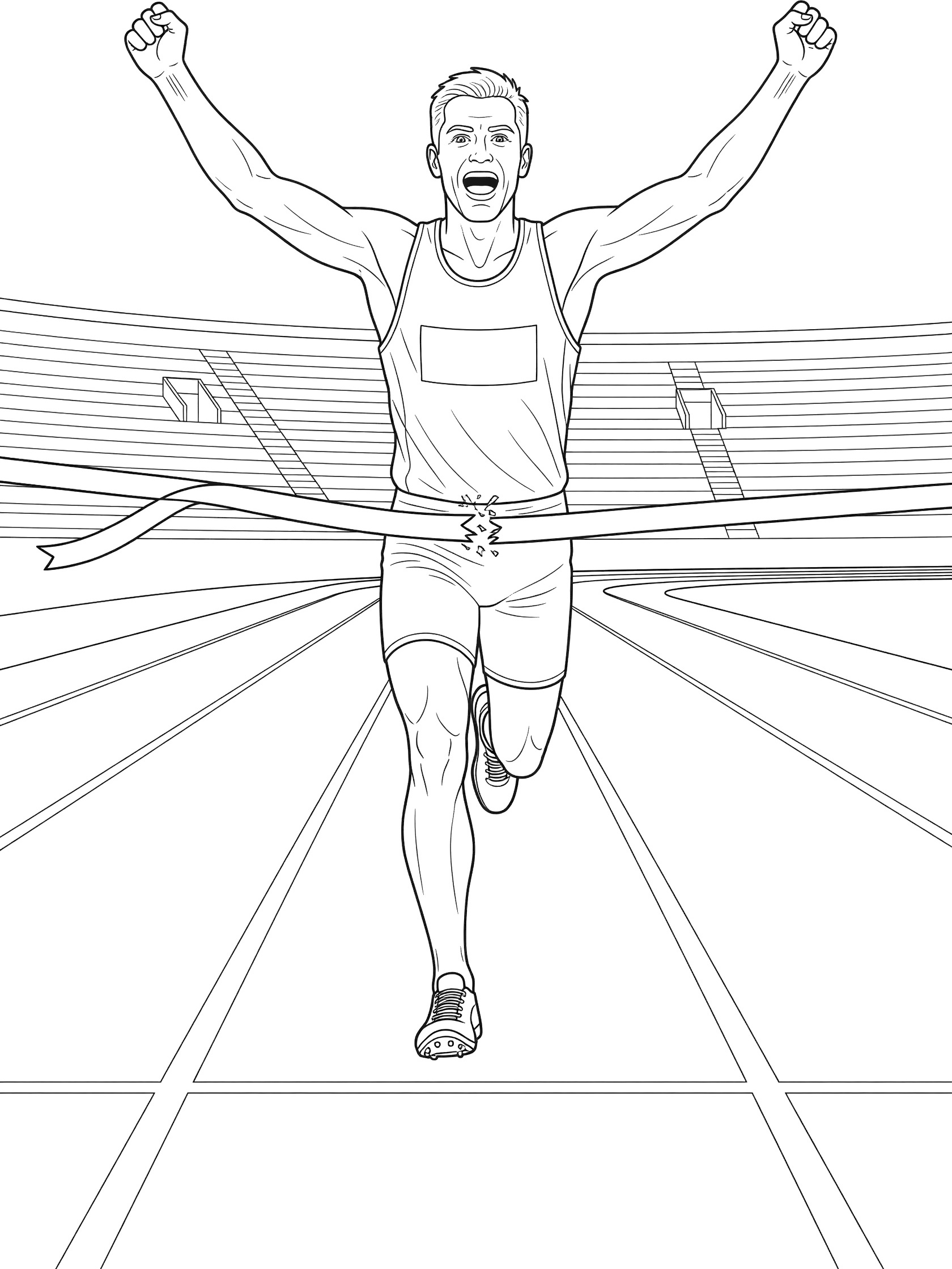 Black and white coloring page showing an exhilarated sprinter breaking the finish line tape, arms up in win, on a track with lane dividers and stadium bleachers.