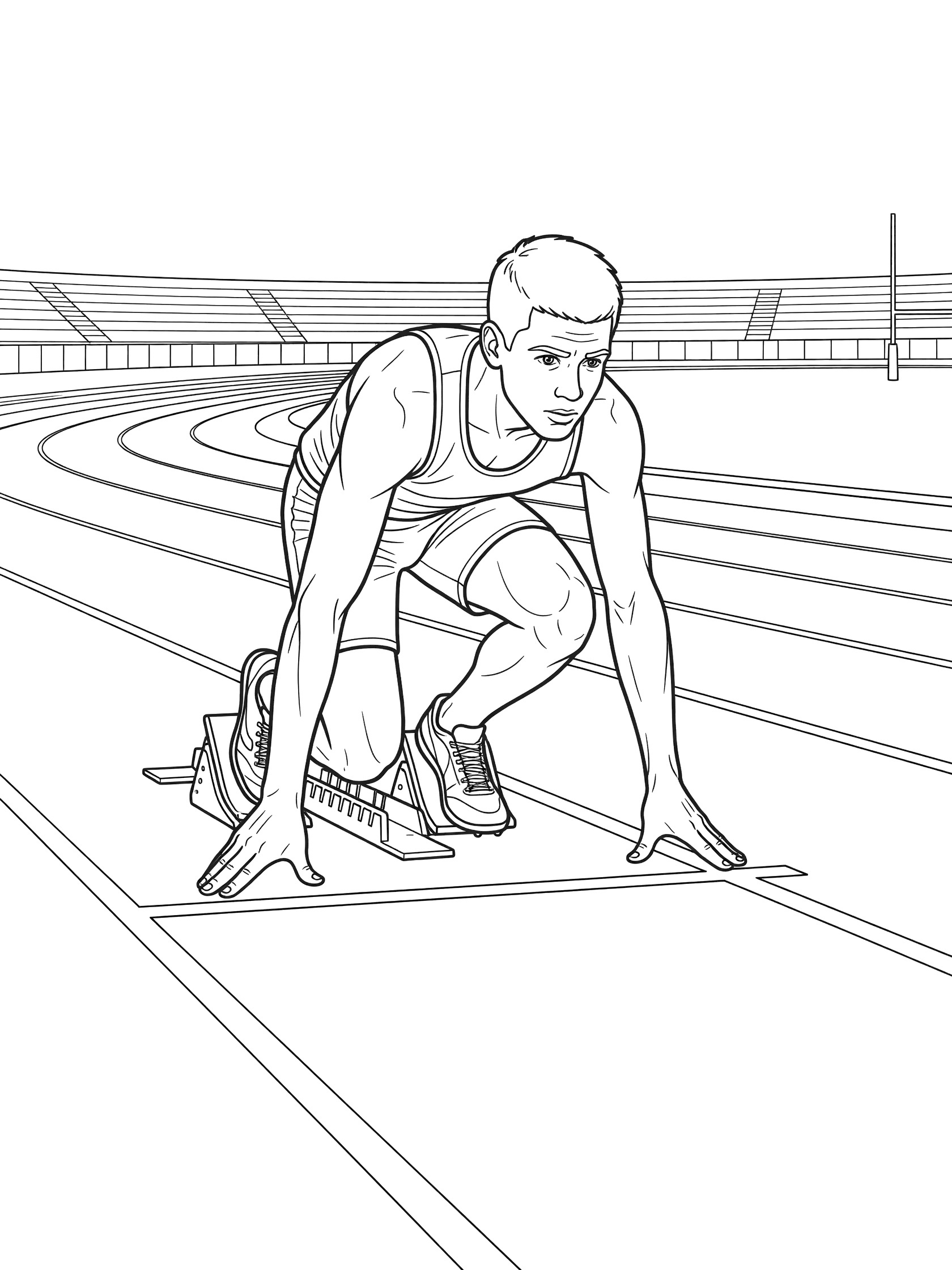 Black and white coloring page of a determined sprinter in starting blocks at the track, muscles tensed, with stadium background.
