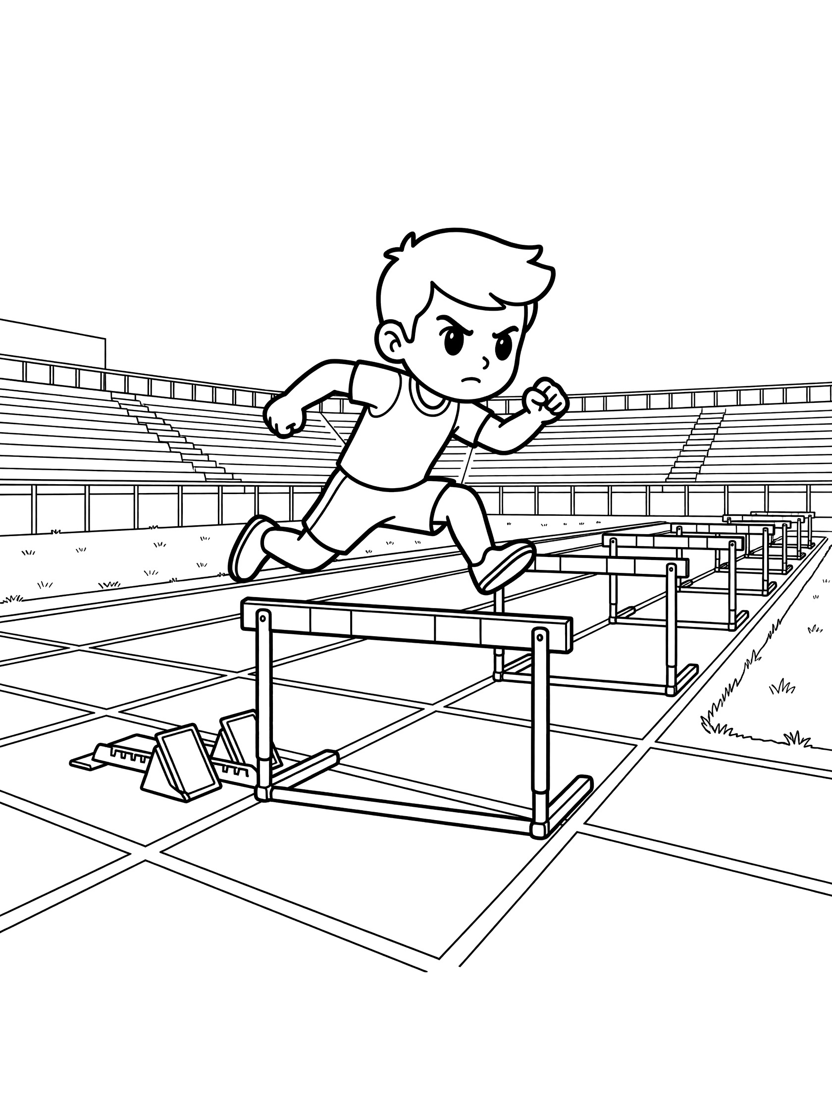 Black and white line art of a determined young sprinter leaping over the first hurdle in a hurdles race on an outdoor track, with starting blocks behind and bleachers around.