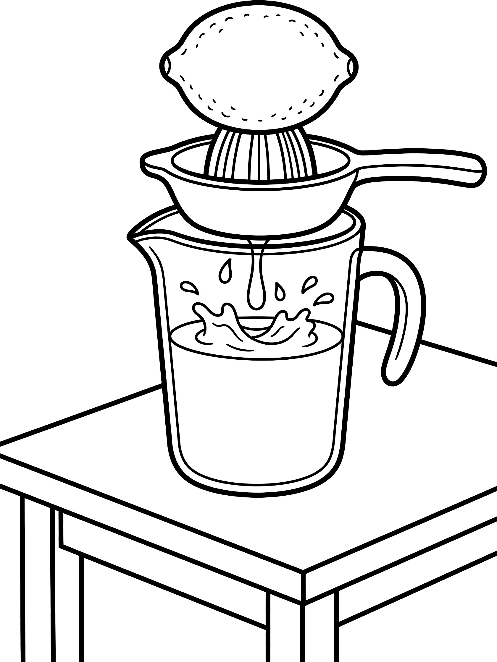 Black-and-white line art coloring page showing a bright whole lemon being squeezed in a simple juicer over a glass pitcher with juice droplets splashing on a wooden kitchen table.
