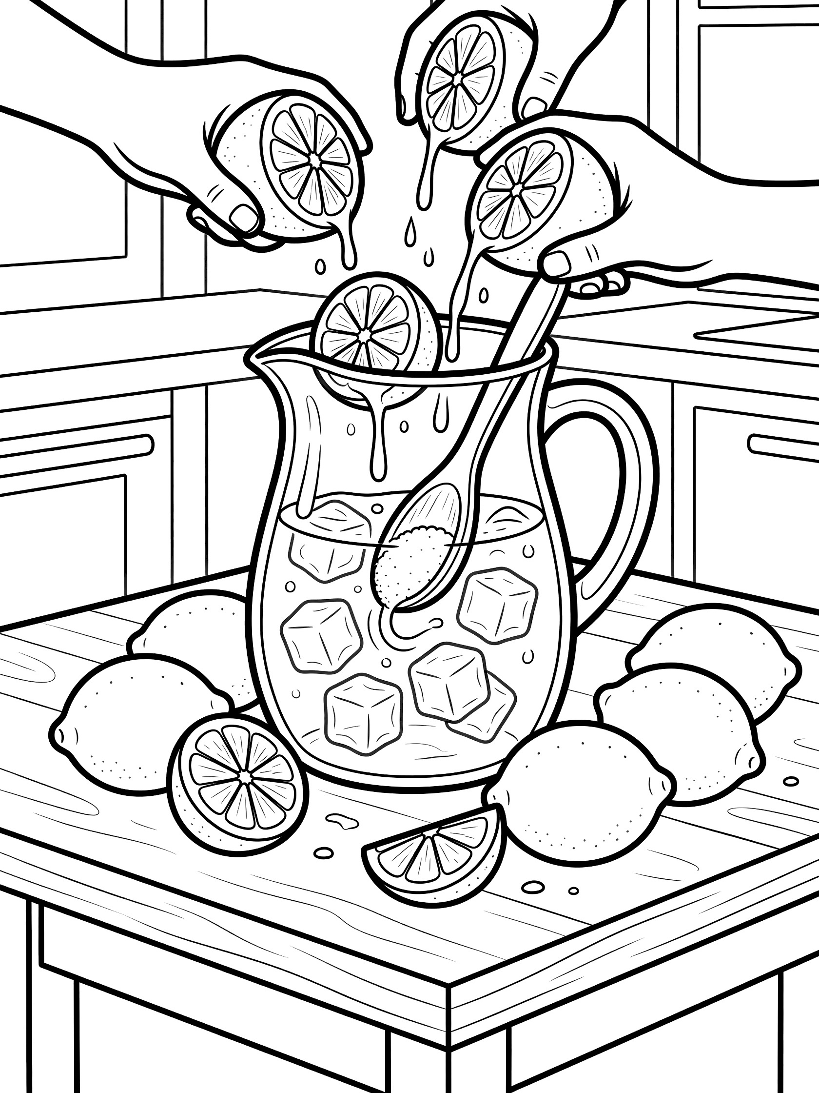 Lemonade coloring page showing hands squeezing juicy lemon halves over a pitcher filled with ice, sugar being stirred in, and scattered lemons on a table