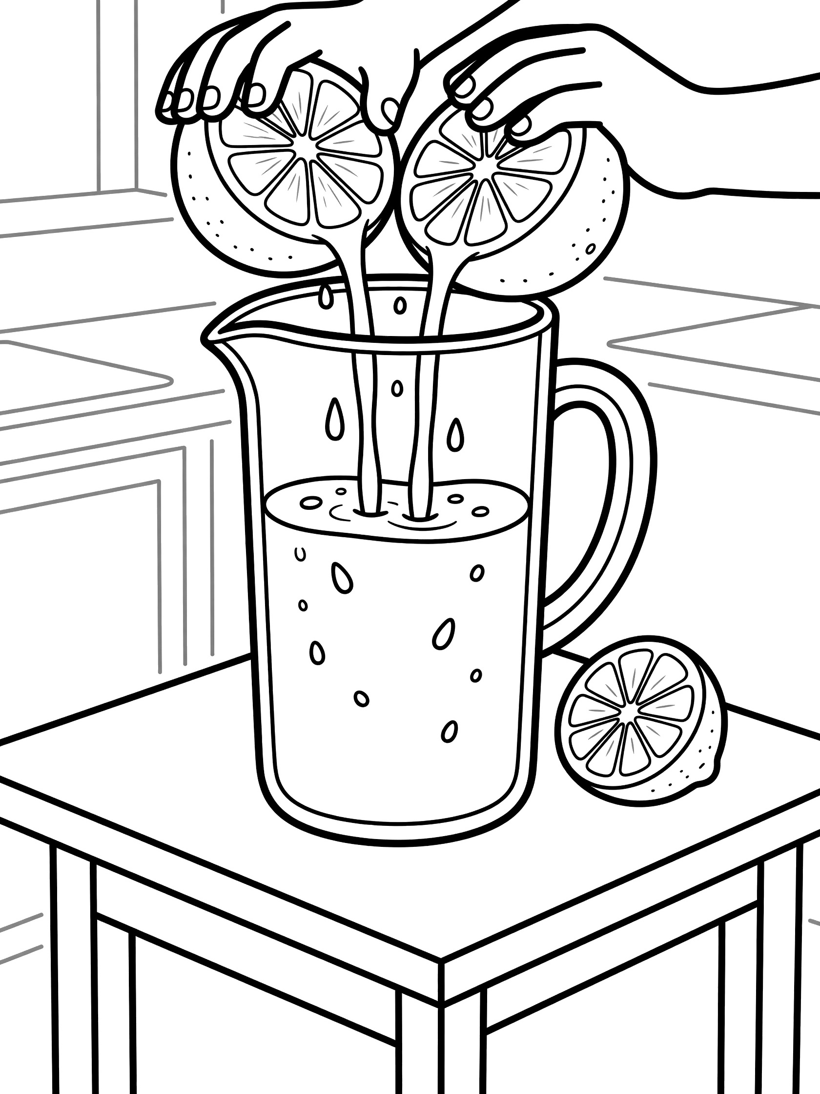Printable coloring page showing hands squeezing two half oranges over a tall glass pitcher. Juice streams down into the pitcher with pulp, lemon half on the table, clean line art.
