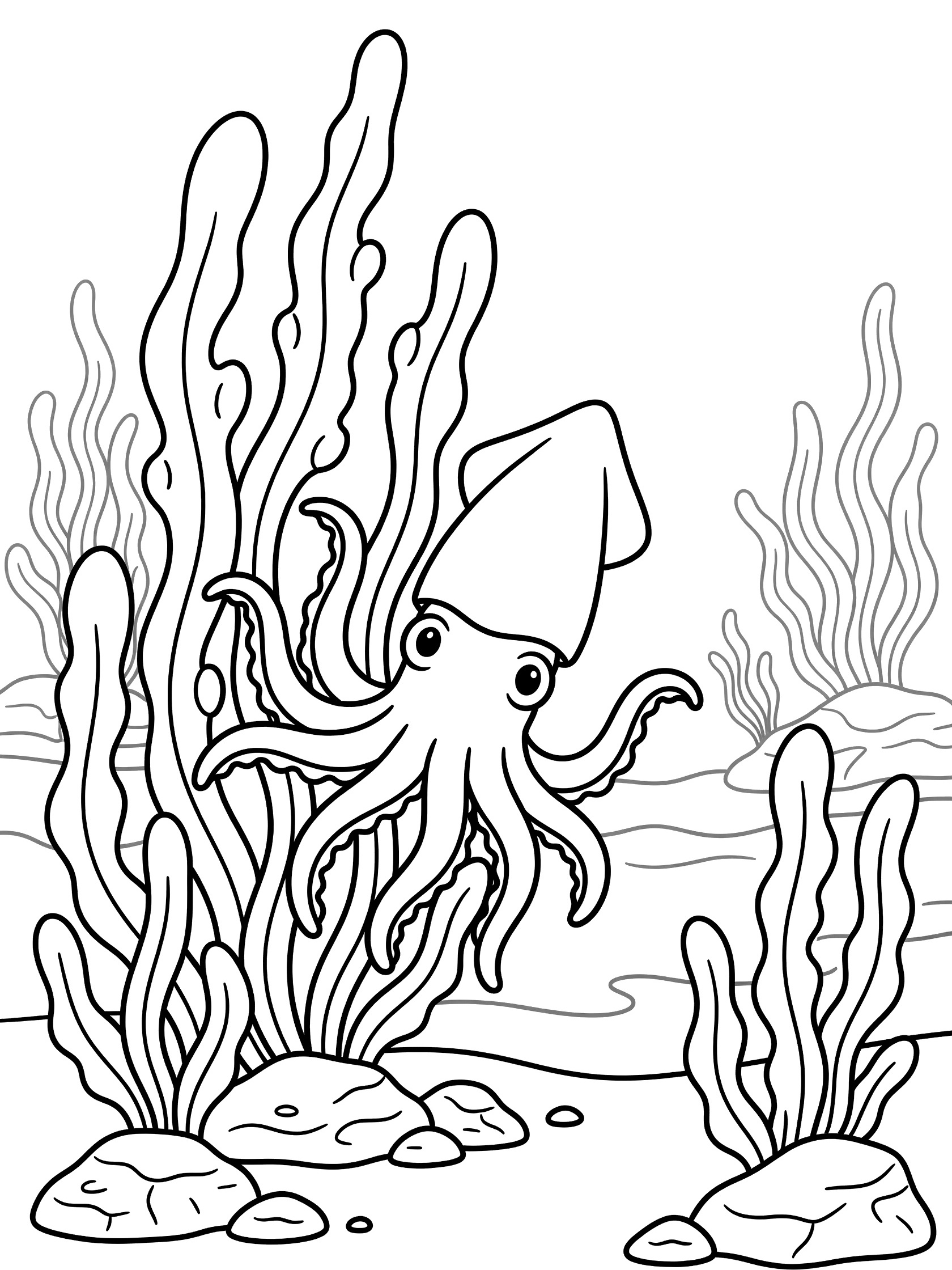 Cute cartoon squid with big eyes peeking out from tall seaweed fronds, tentacles curled, small rocks and gentle waves in simple underwater scene, black line art coloring page.