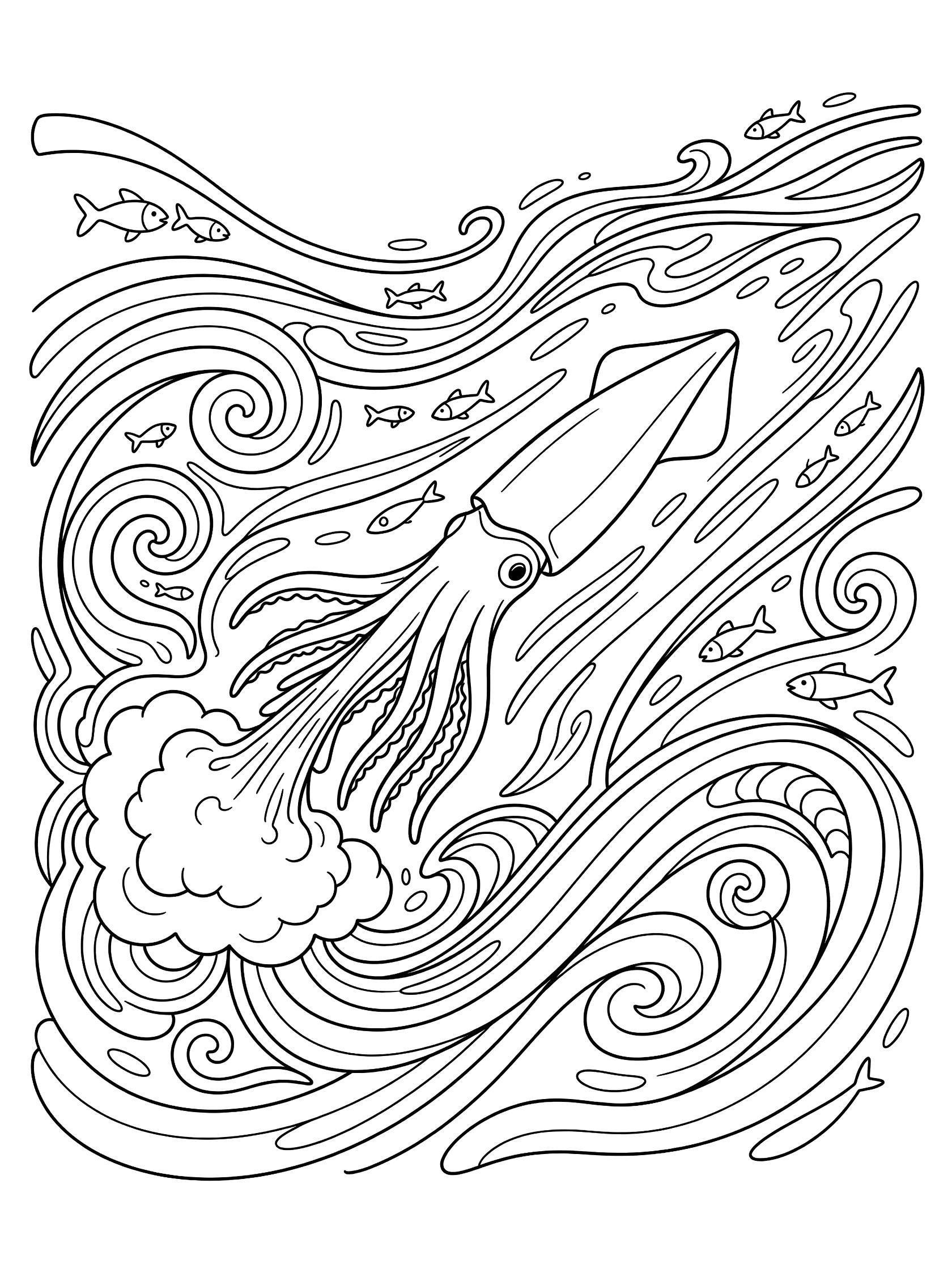Black and white line art coloring page showing a squid jetting forward with ink cloud, wavy water trails, and small fish in the ocean.