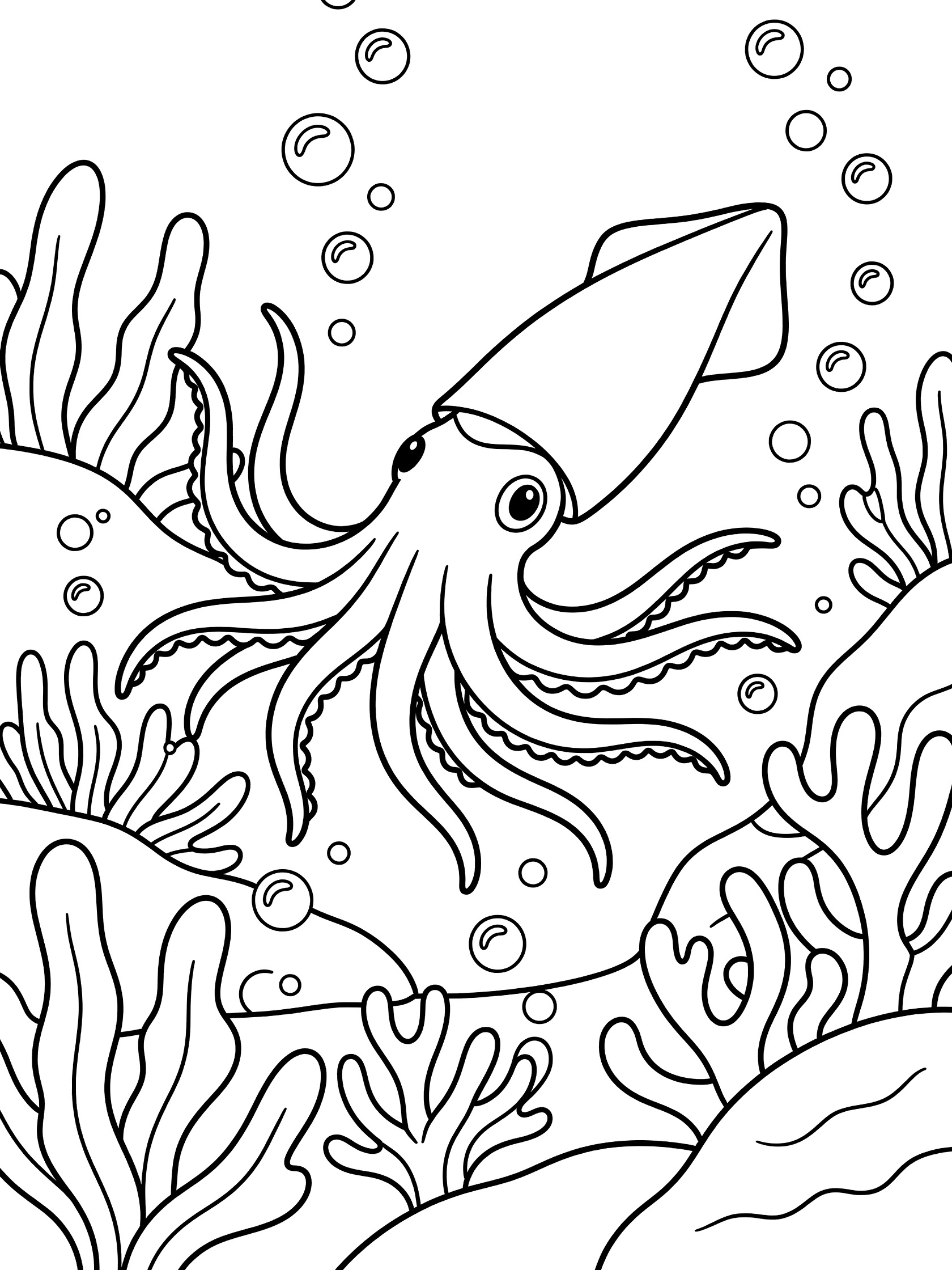 Black and white line art coloring page showing a squid with eight tentacles, large eyes, floating bubbles around it, and seaweed plants below.