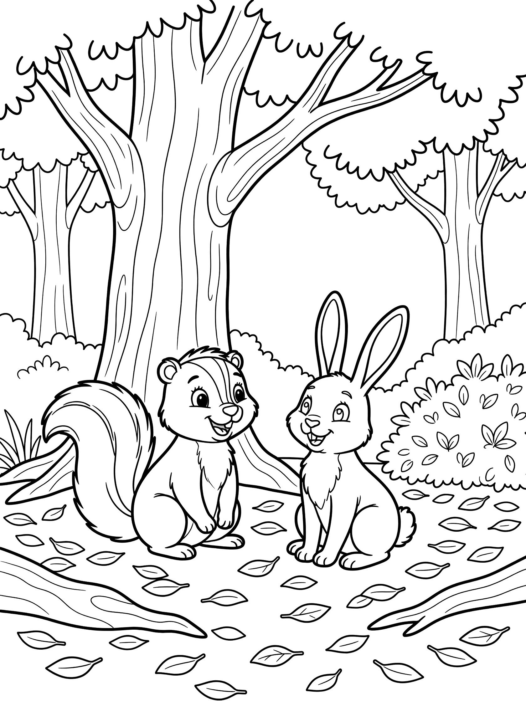 Black and white coloring page of a happy squirrel and bunny looking at each other under a tree with fallen leaves and bushes in the forest. Skunk themed black and white printable line art