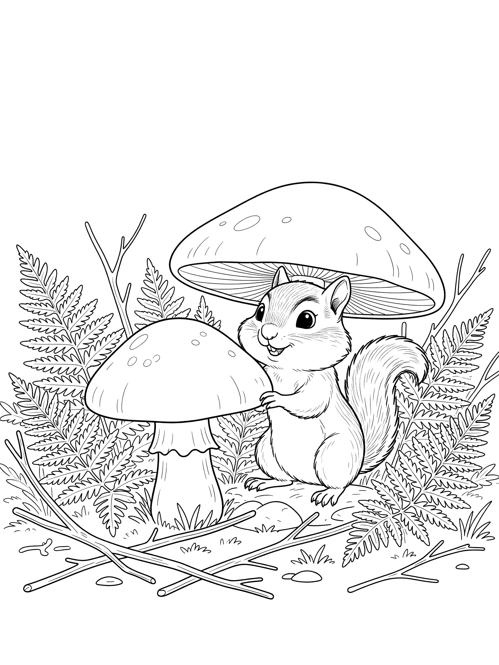 Black and white line art coloring page showing a cute squirrel peeking out from behind a large mushroom surrounded by ferns and twigs in a forest setting.