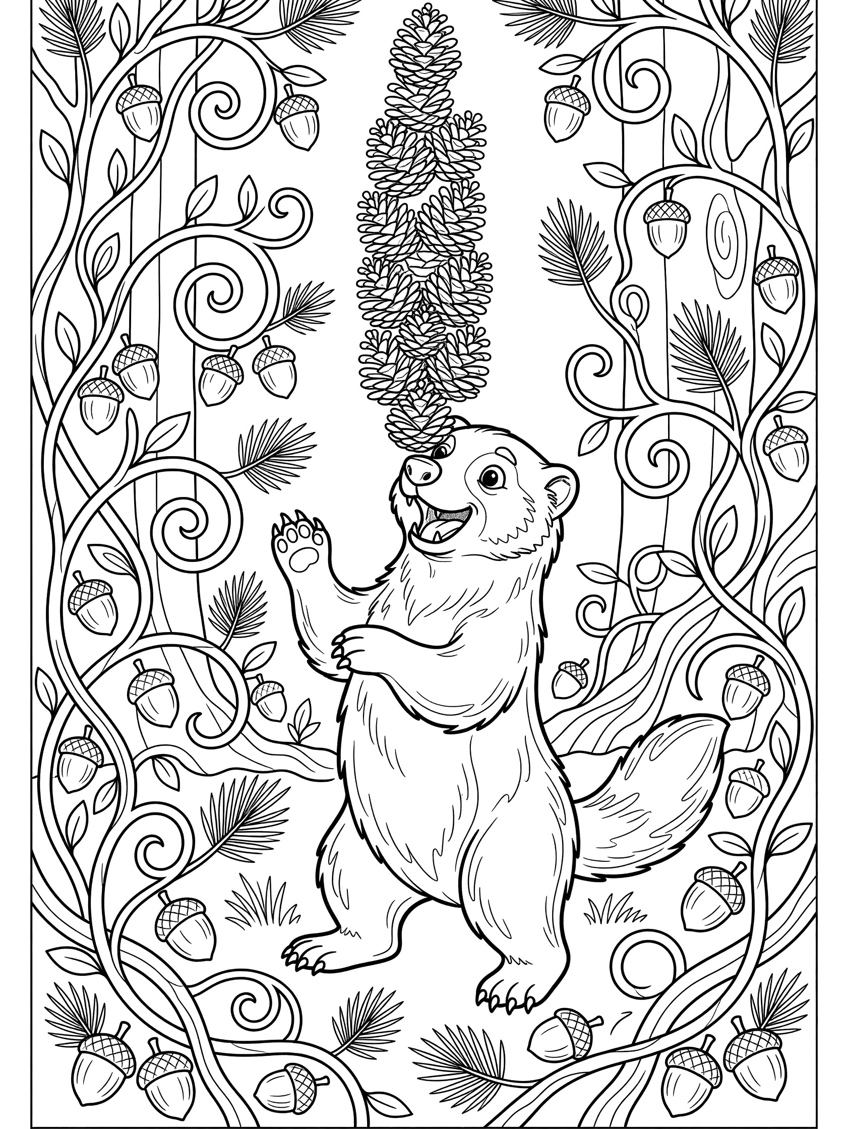 Cute squirrel on hind legs balancing stack of pine cones on nose, with vines, acorns and pine branches in forest setting, black and white line art coloring page. Wolverine themed black and white printable line art