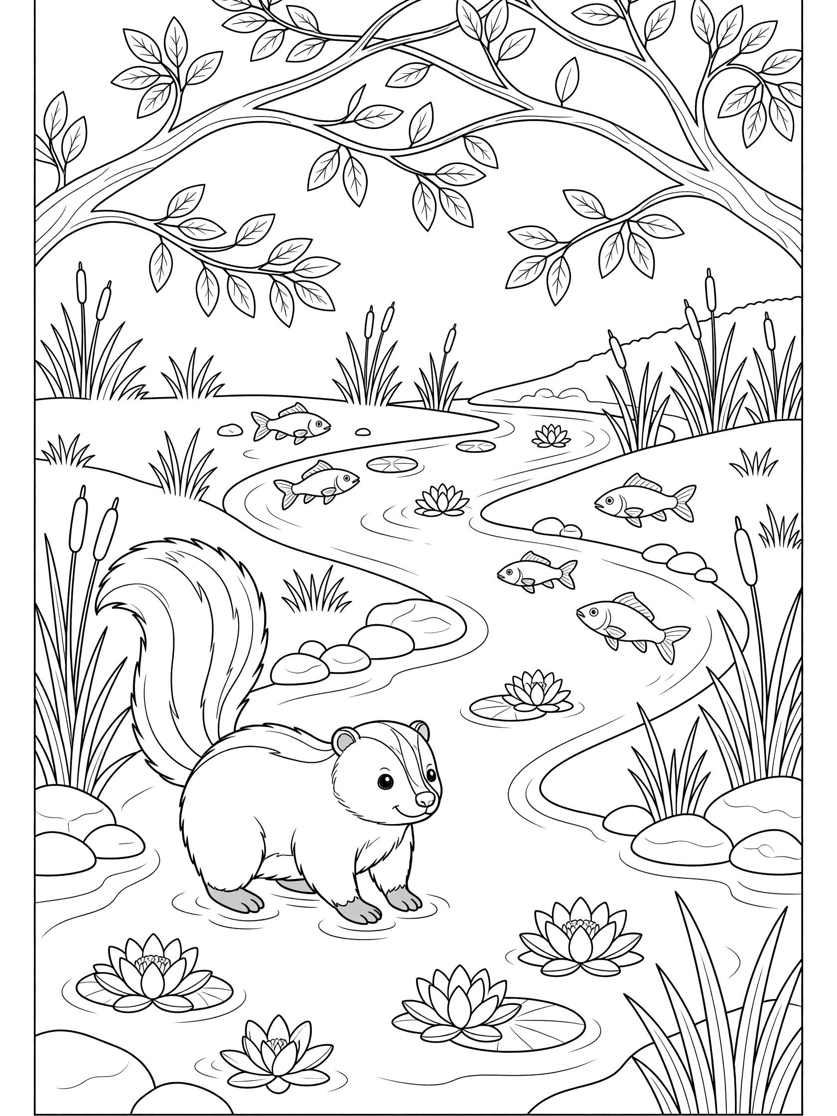 Black and white line art coloring page showing a chubby squirrel near a stream with jumping fish, floating water lilies, reeds, pebbles, and leafy branches overhead. Skunk themed black and white printable line art