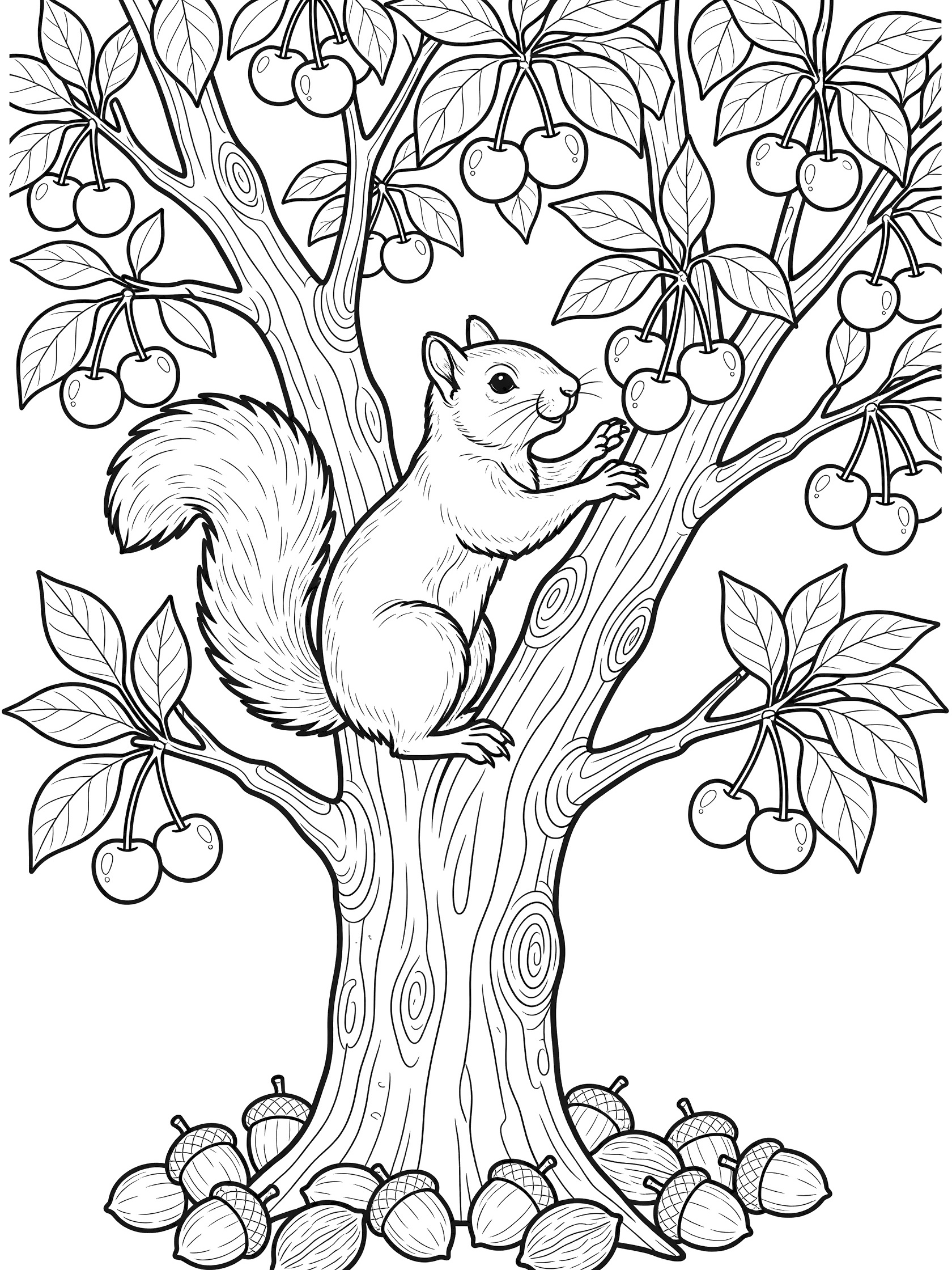 Black and white line art coloring page showing a cute squirrel climbing the trunk of a cherry tree, reaching for cherries on branches with big leaves, and acorns at the base.