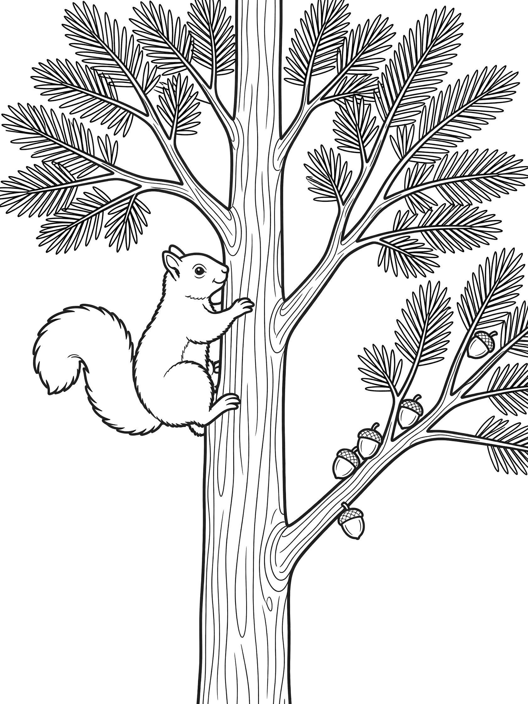 Black and white line art coloring page showing a squirrel climbing up a pine tree trunk with branches, needles, and acorns. Cypress Tree themed black and white printable line art