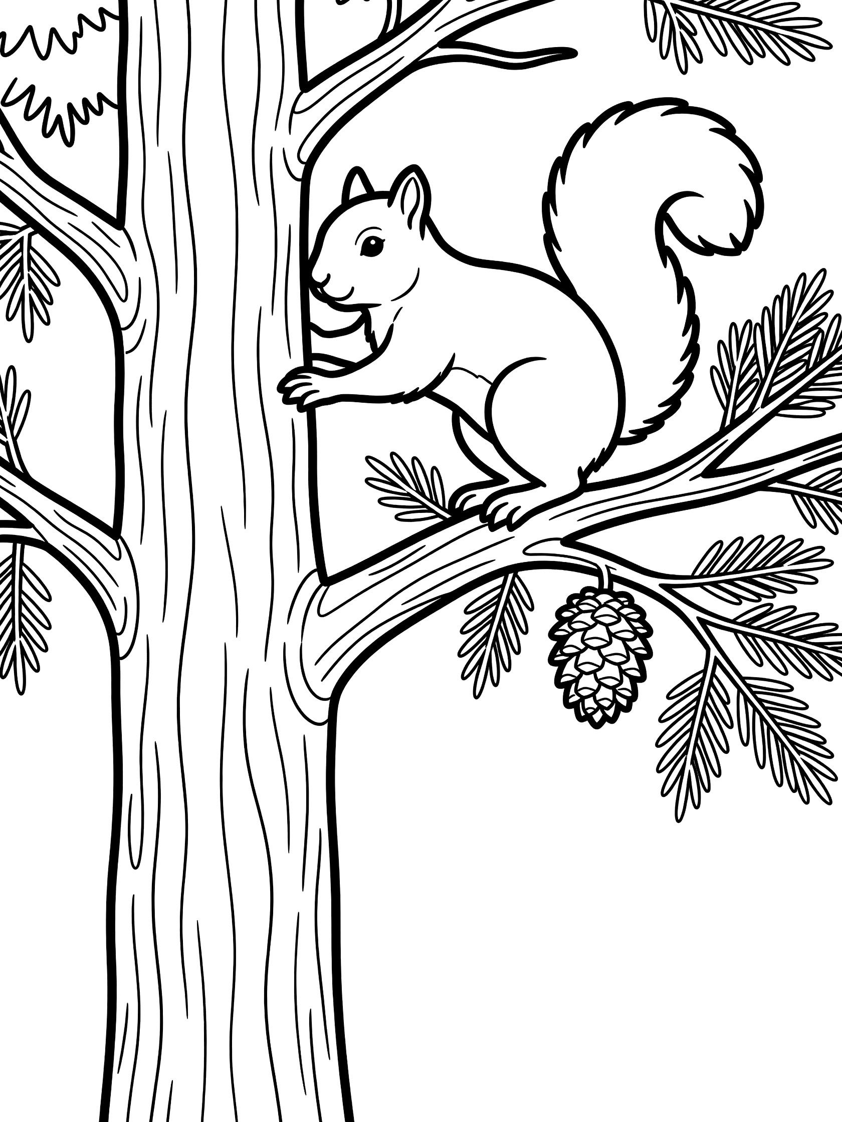 Black and white coloring page of a squirrel climbing up a pine tree trunk, holding onto a branch with needles and a pine cone nearby, fluffy tail curled behind.