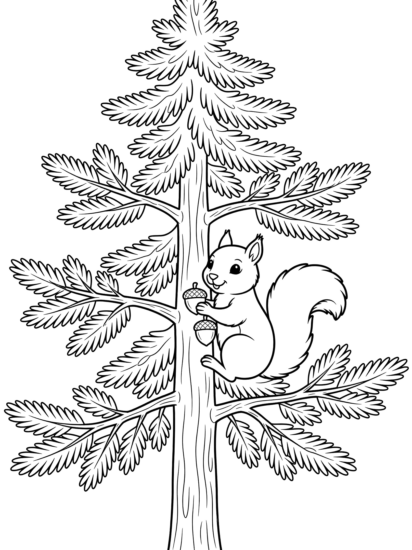 Black and white line art coloring page showing a squirrel with bushy tail climbing the trunk of a pine tree, holding an acorn in its paws.