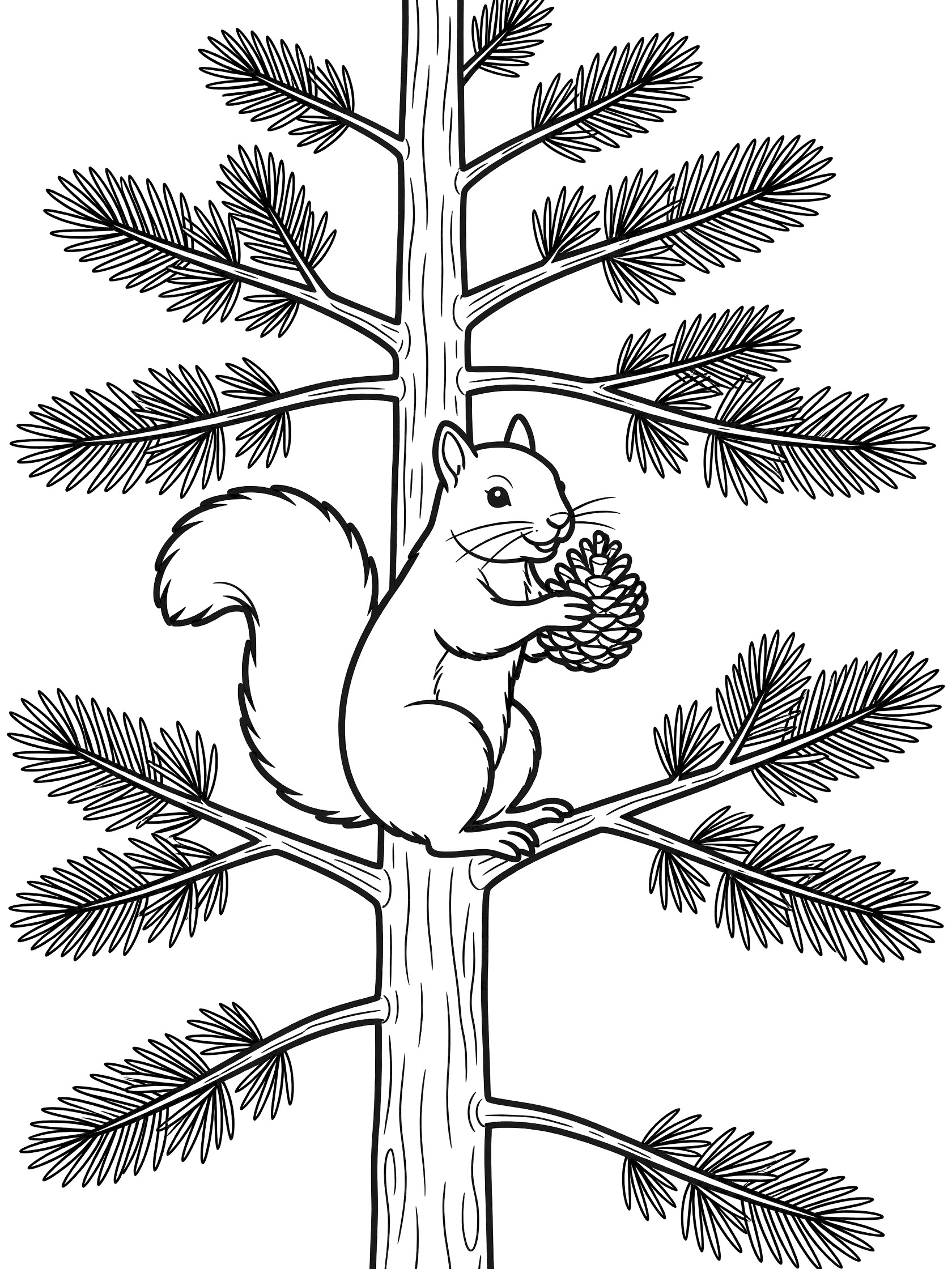 Black and white line art coloring page showing a squirrel on a pine tree trunk holding a pinecone with spreading branches and needles. Spruce Tree themed black and white printable line art