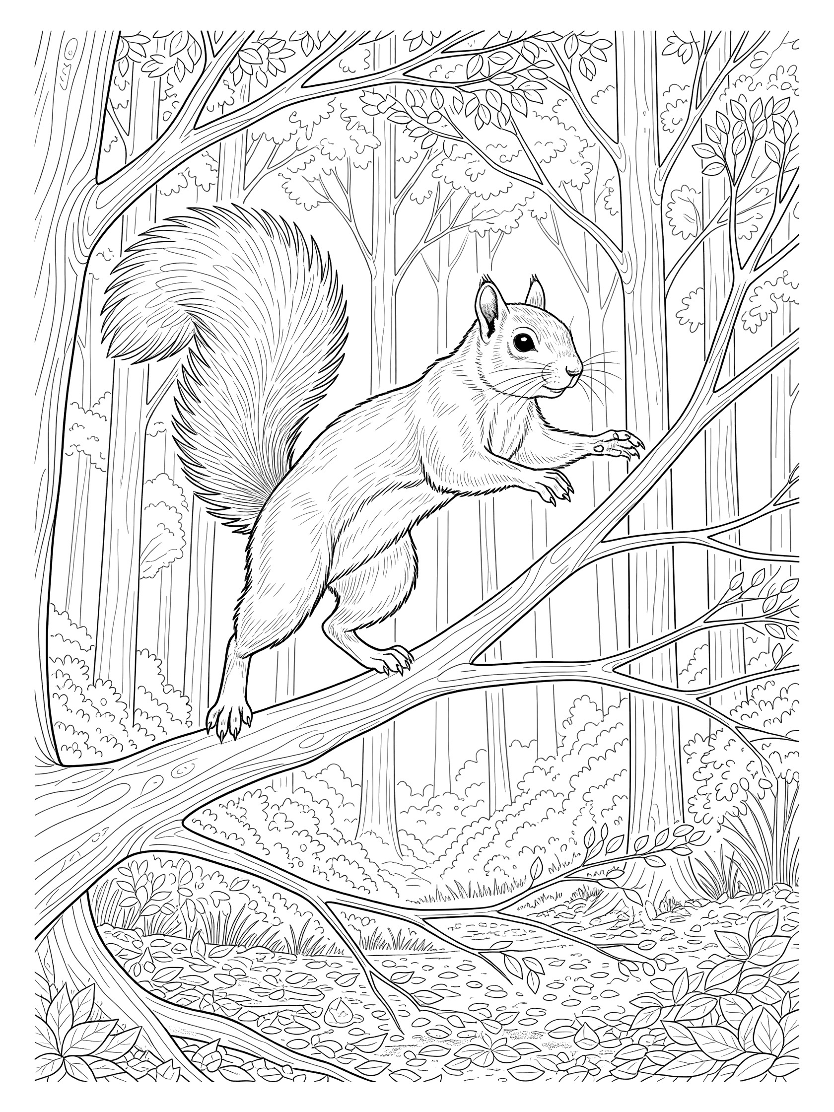 Black and white line art coloring page showing a squirrel climbing on a tree branch with forest trees, leaves, and twigs.