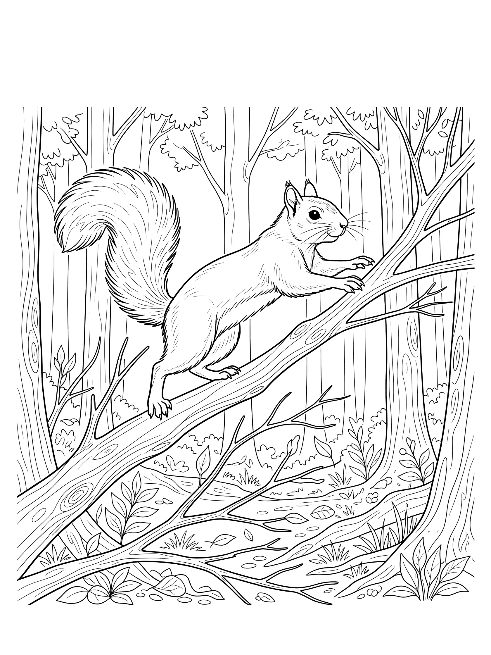 Black and white line art coloring page showing a squirrel leaping onto a tree branch, fluffy tail, paws outstretched, twigs, leaves, and distant trees.