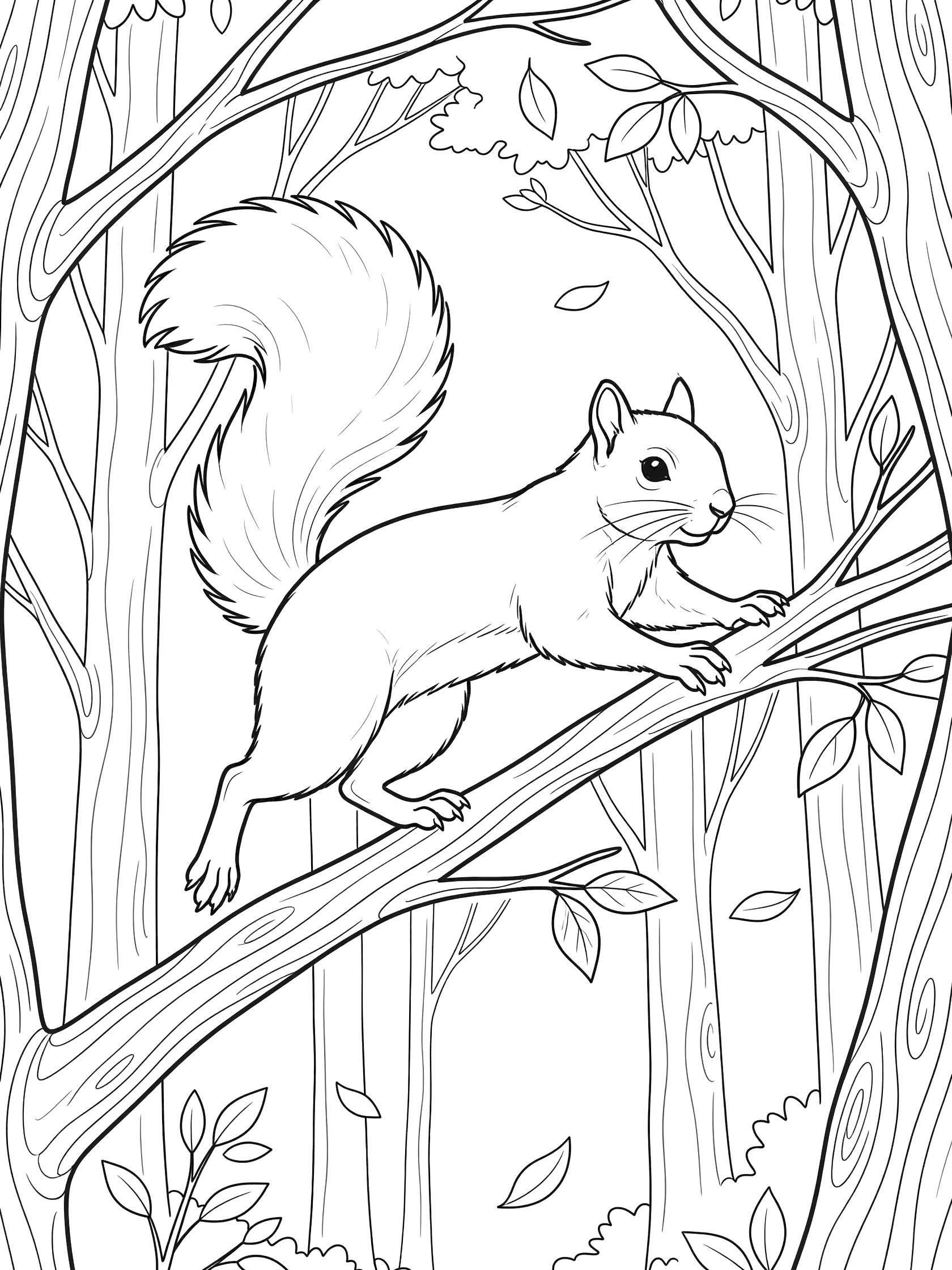 Black and white line art coloring page showing a squirrel climbing along a tree branch surrounded by forest trees and leaves.