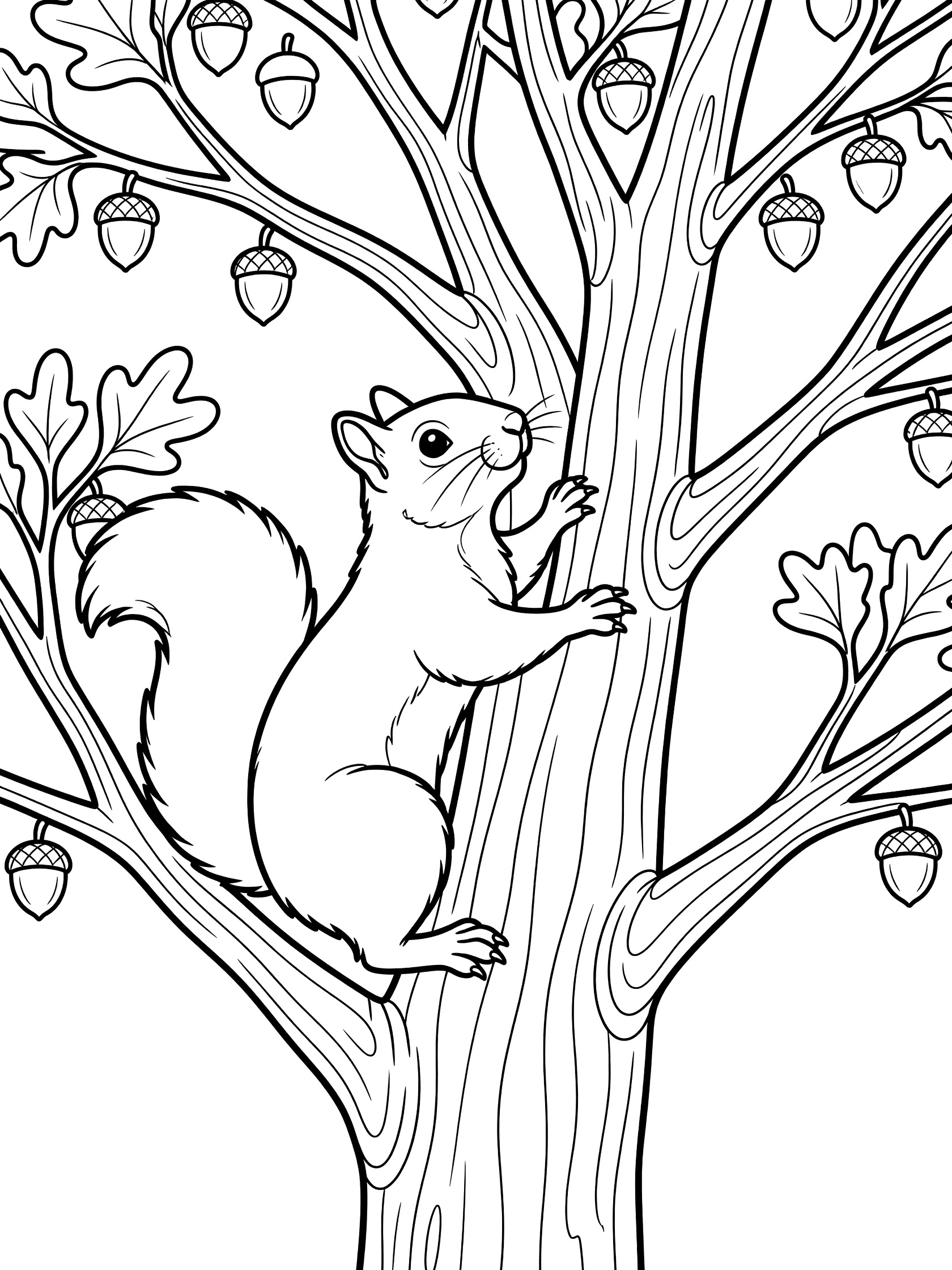 Black and white line art coloring page showing a squirrel gripping the trunk of an oak tree with leaves and acorns on branches.