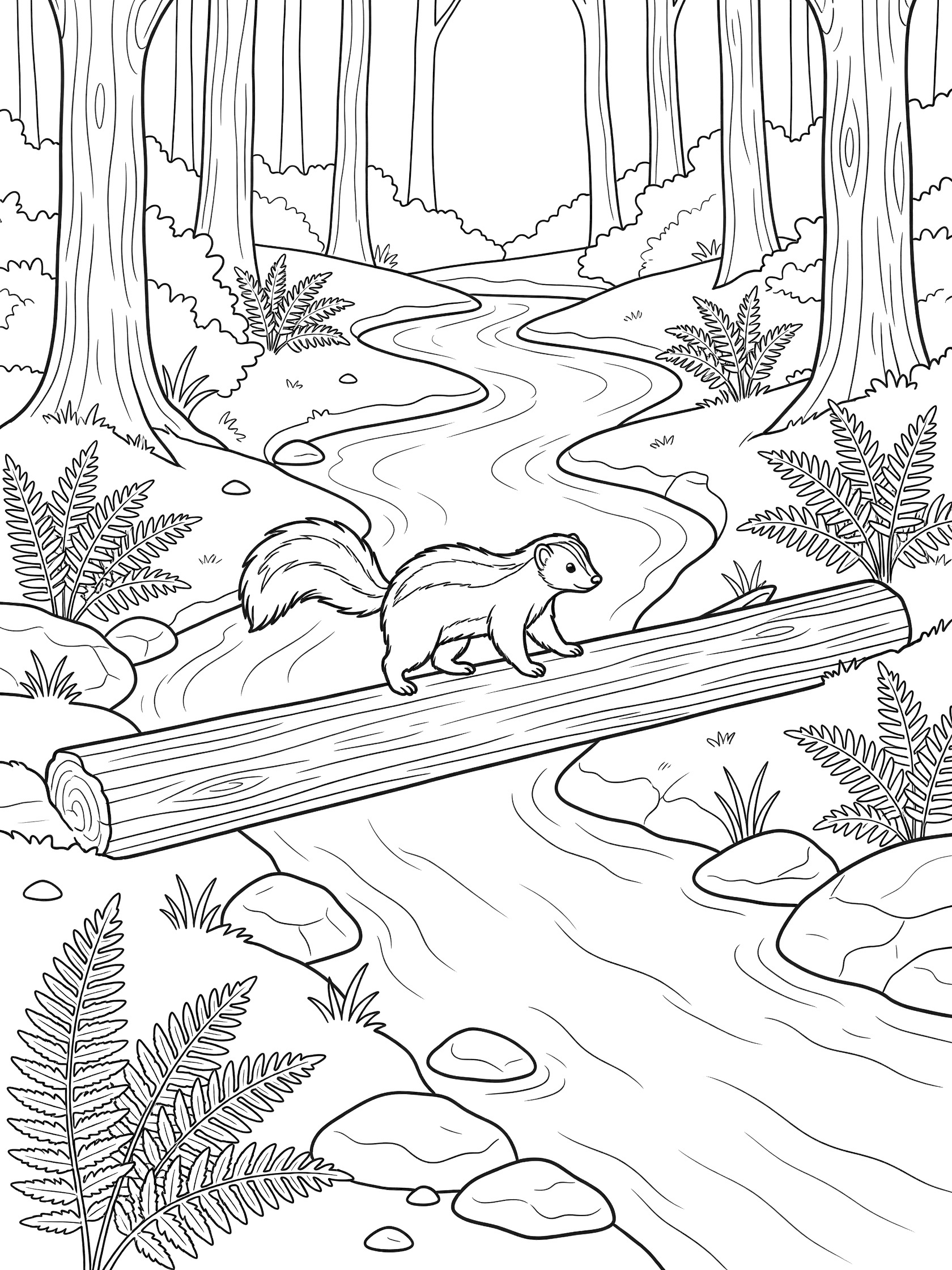 Black and white line art coloring page showing a squirrel balanced on a log bridge over a curvy stream surrounded by tall trees, ferns, and rocks in the forest. Skunk themed black and white printable line art