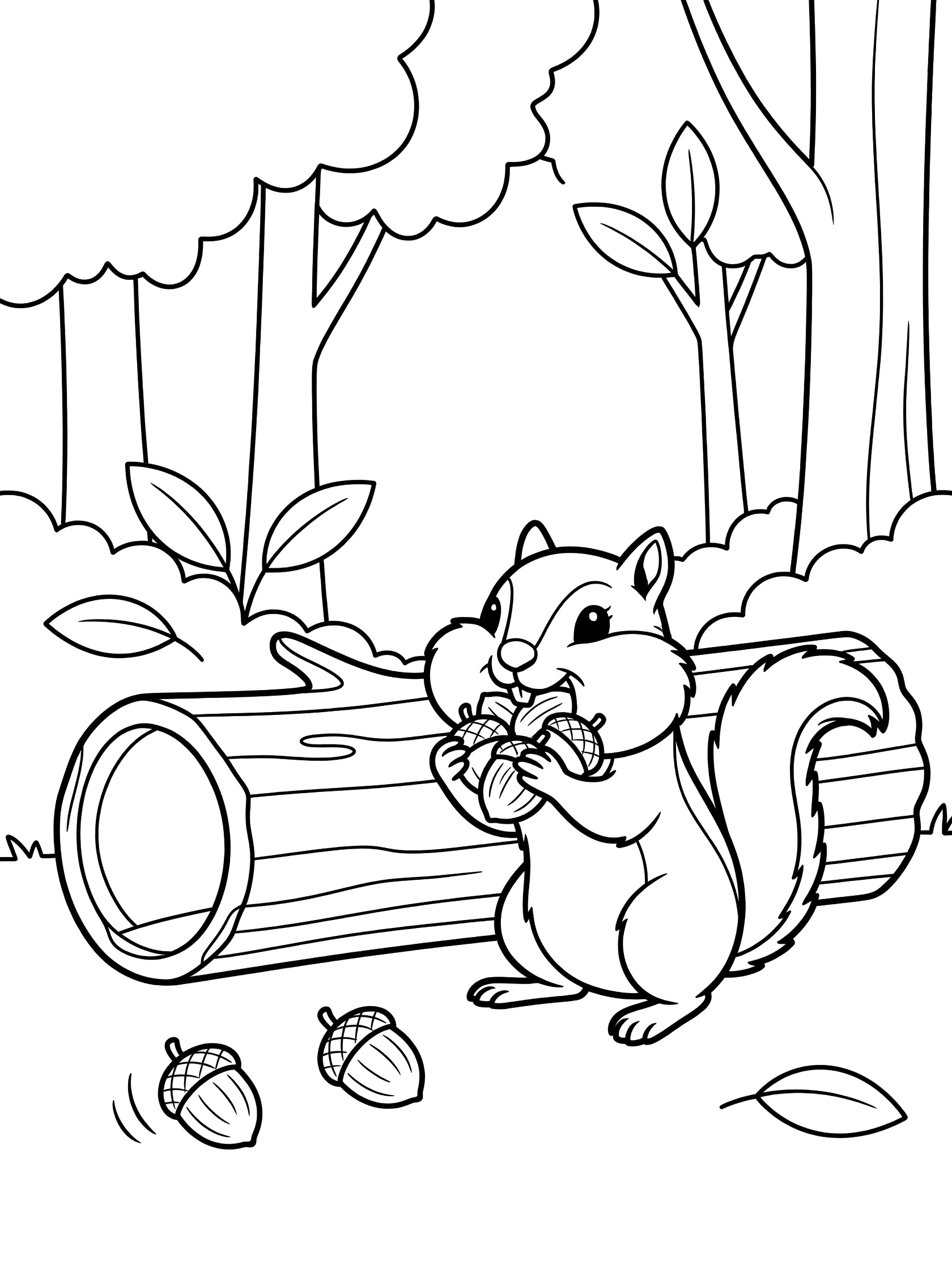 Black and white line art coloring page showing a squirrel holding and eating acorns beside a log in the woods with trees and fallen leaves.