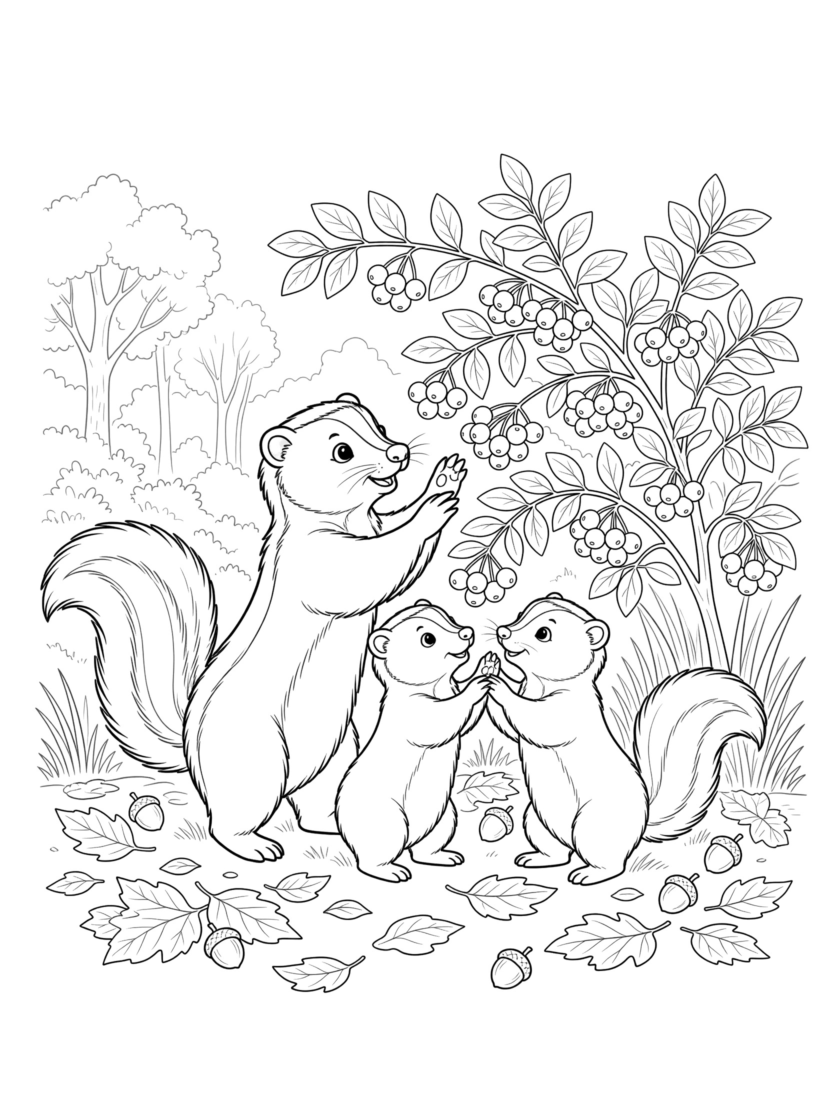 Black and white line art coloring page showing a mother squirrel and two kits picking berries from a bush with leaves and acorns scattered on the ground. Skunk themed black and white printable line art