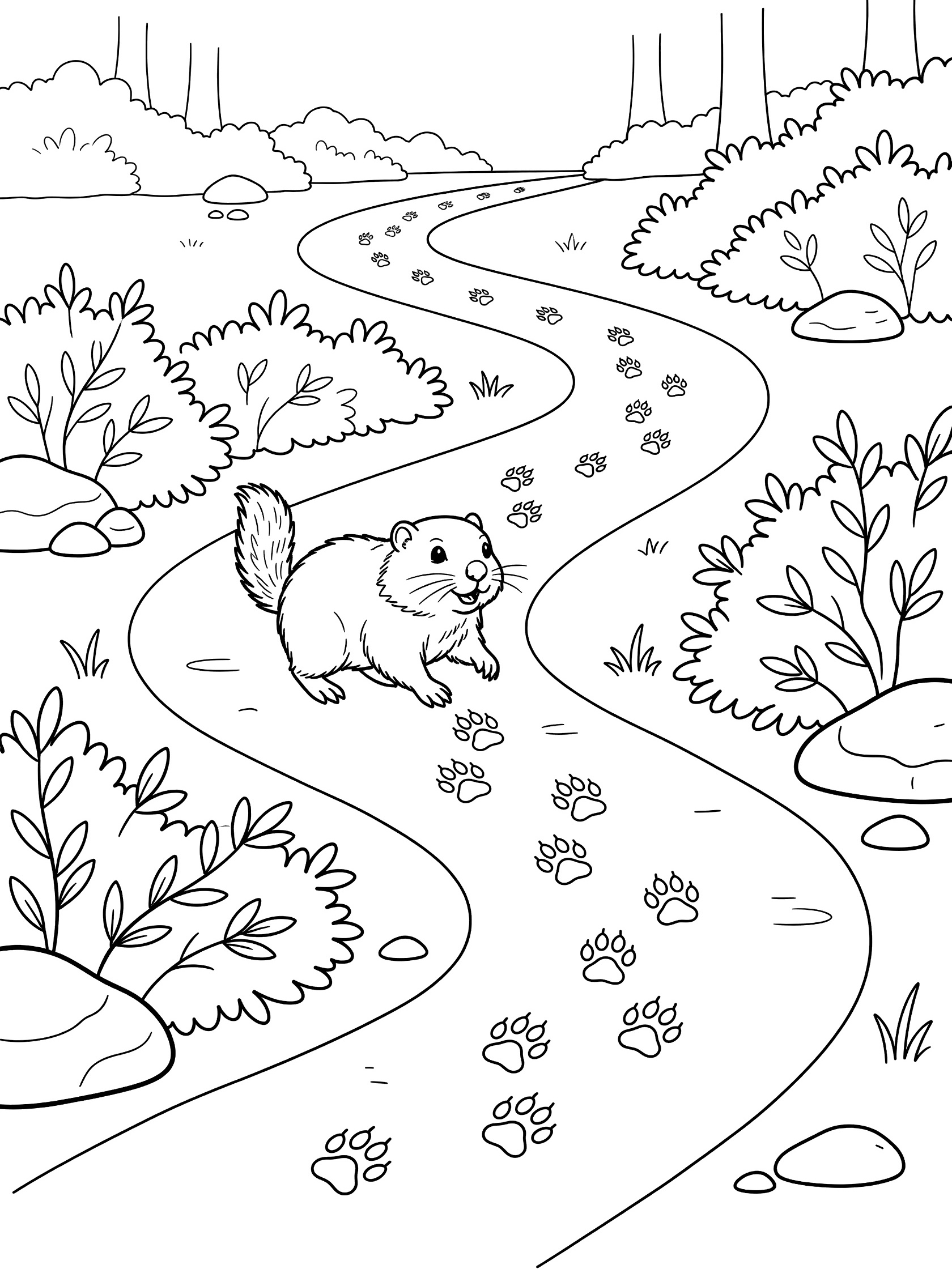 Black and white line art coloring page showing a squirrel trotting on a curvy forest path lined with bushes and stones, following a trail of paw prints, with tree outlines in the background. Woodchuck themed black and white printable line art