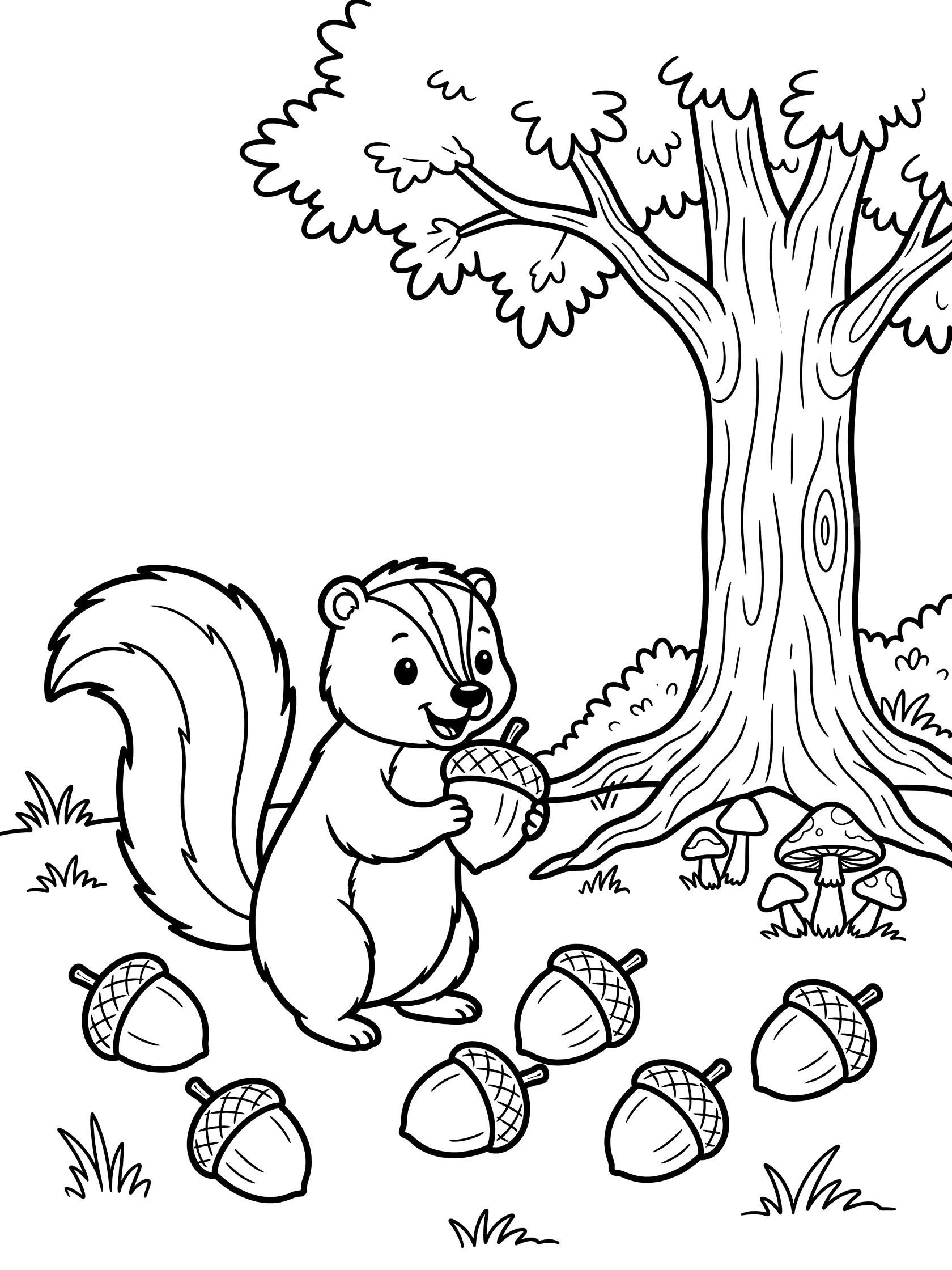 Black and white coloring page showing a squirrel holding an acorn, standing by an oak tree with scattered acorns on the ground, mushrooms, and grass tufts. Skunk themed black and white printable line art