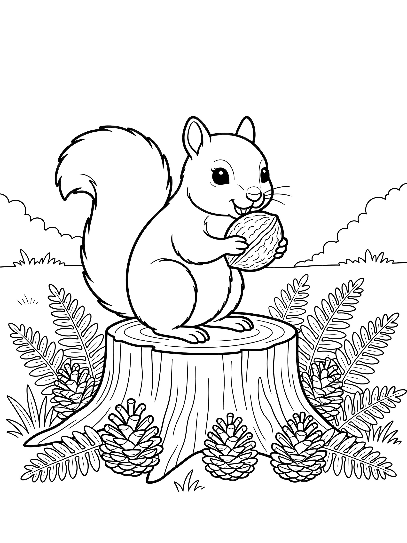 Black and white line art coloring page showing a squirrel on a tree stump eating an acorn with pinecones and ferns around it