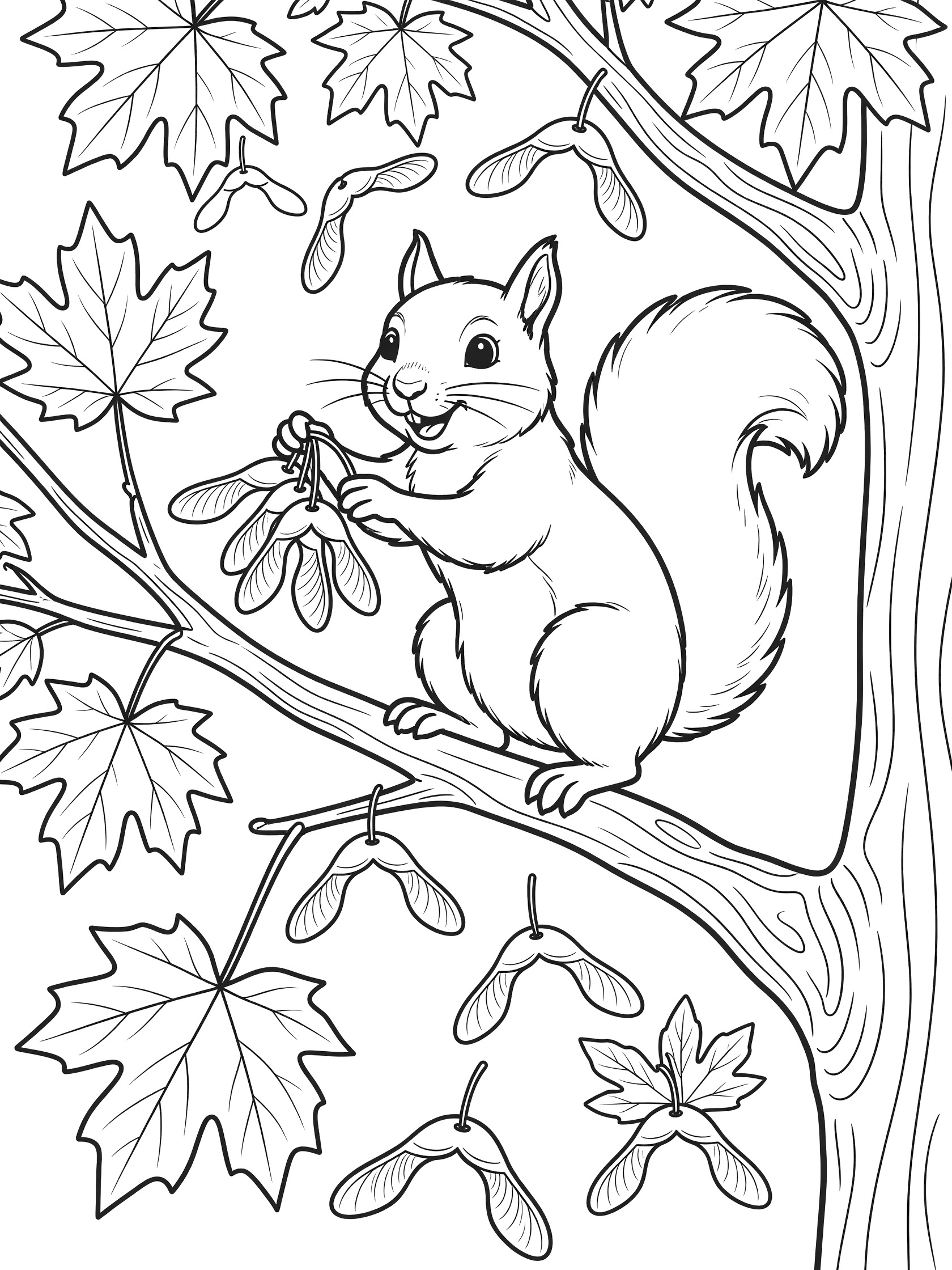 Black and white line art coloring page showing a cute squirrel clinging to a tree branch, holding winged maple seeds, surrounded by falling leaves and seeds. Maple Tree themed black and white printable line art