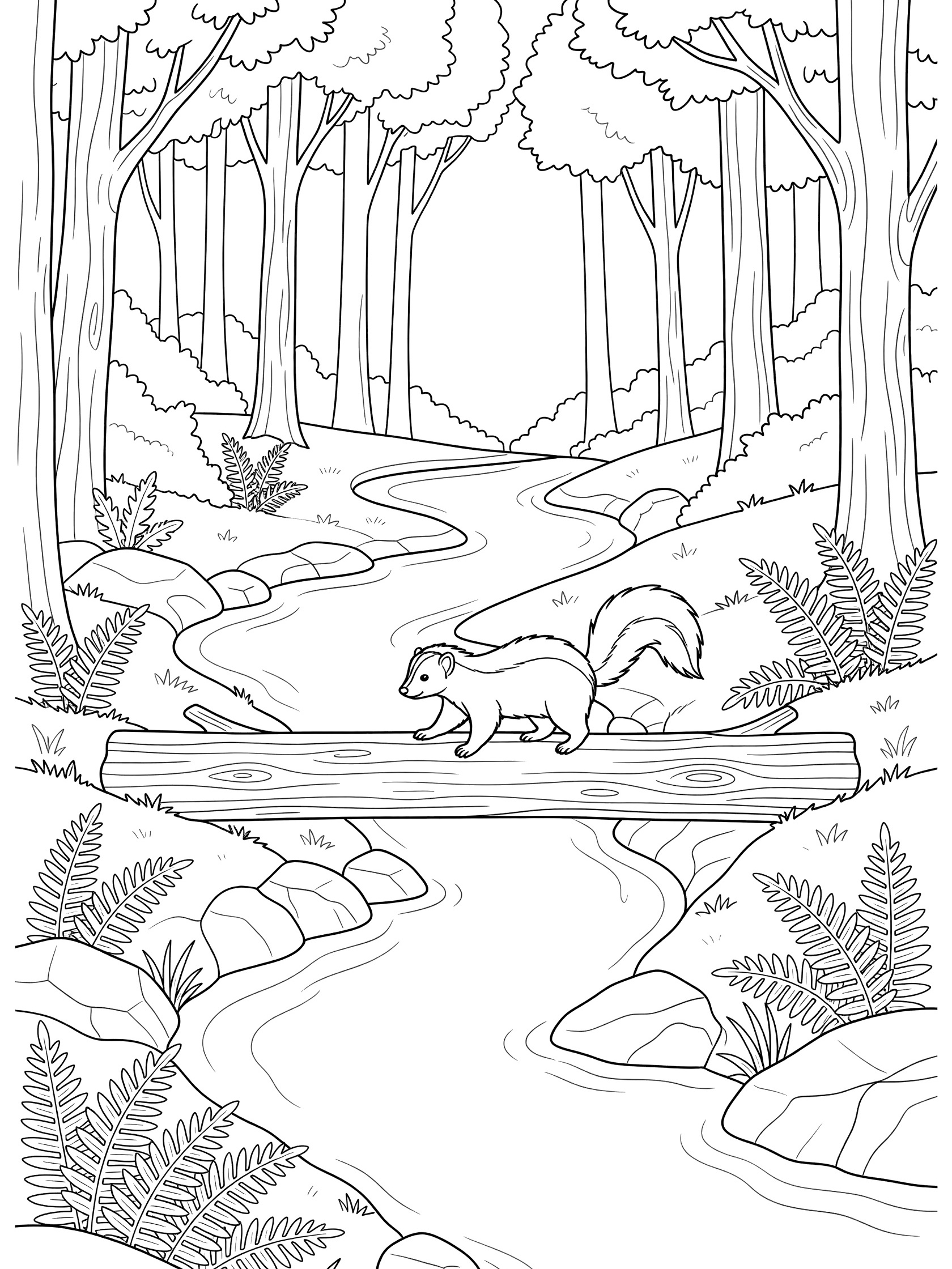Black and white line art coloring page showing a squirrel crossing a log bridge over a stream with ferns, rocks, and trees in the forest. Skunk themed black and white printable line art