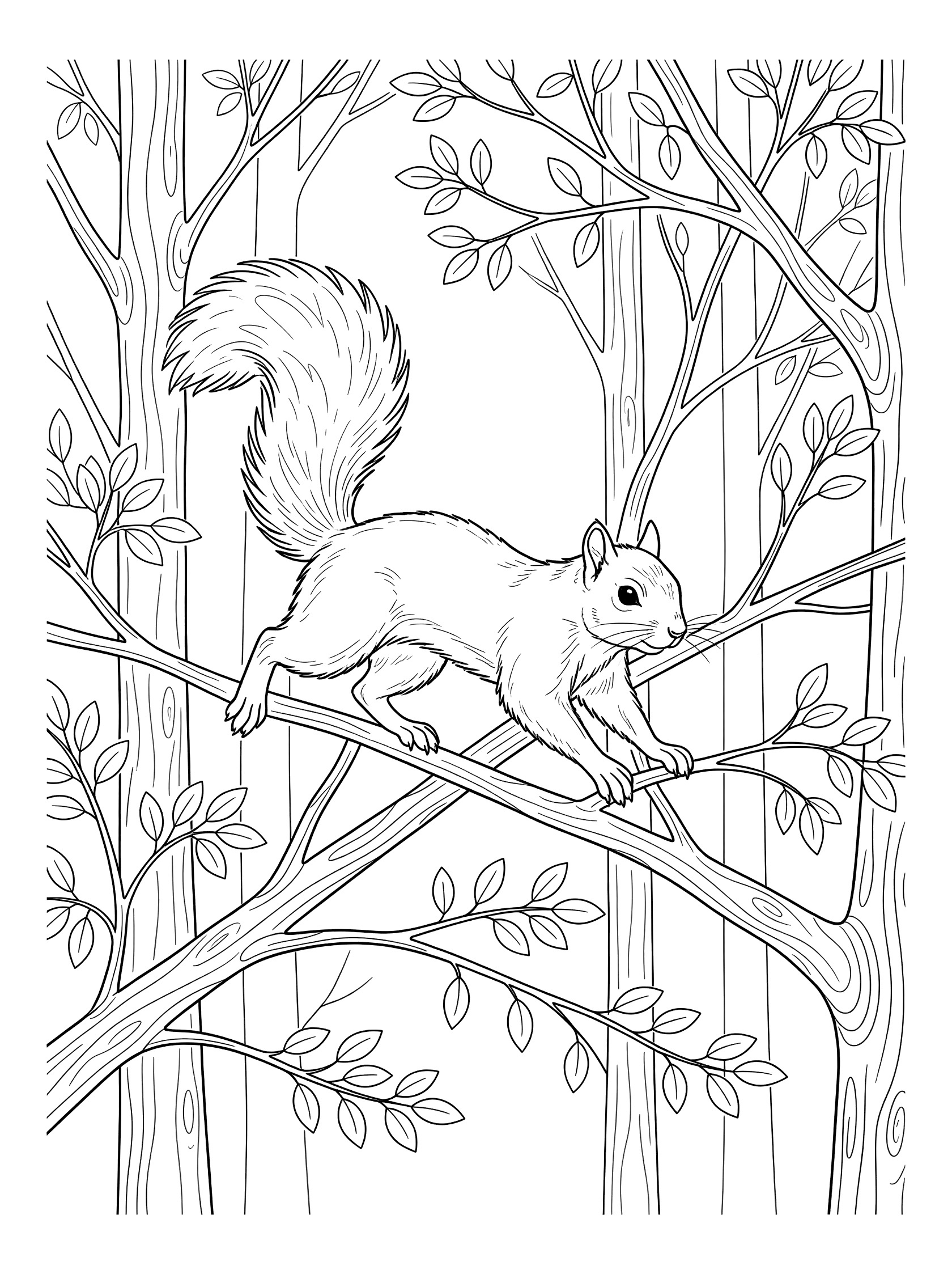 Black and white line art coloring page showing a squirrel walking along a tree branch surrounded by leaves and forest trees.