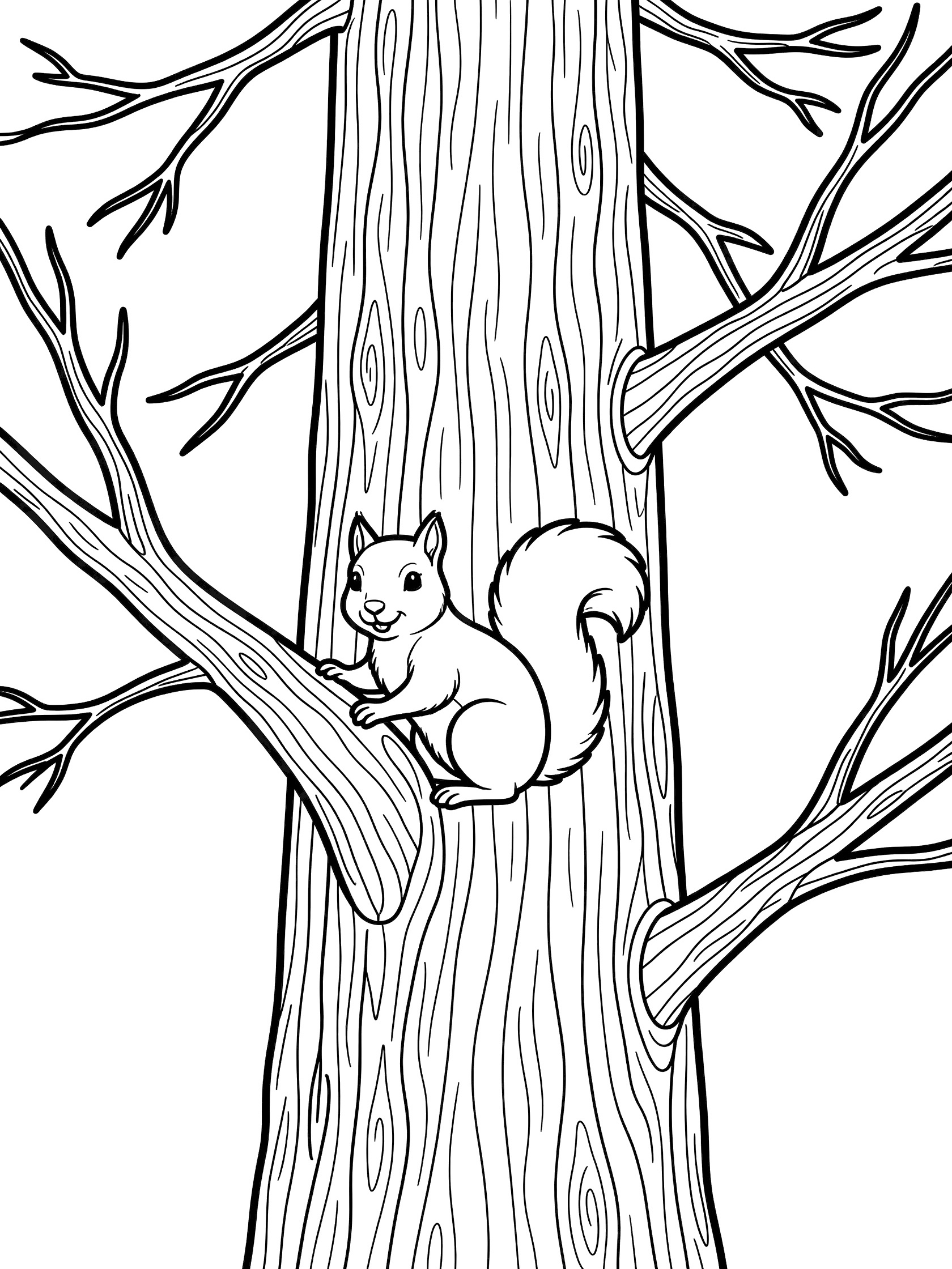 Black and white line art of a squirrel sitting on a tree branch with a tall tree trunk and branches, coloring book style. Redwood Tree themed black and white printable line art