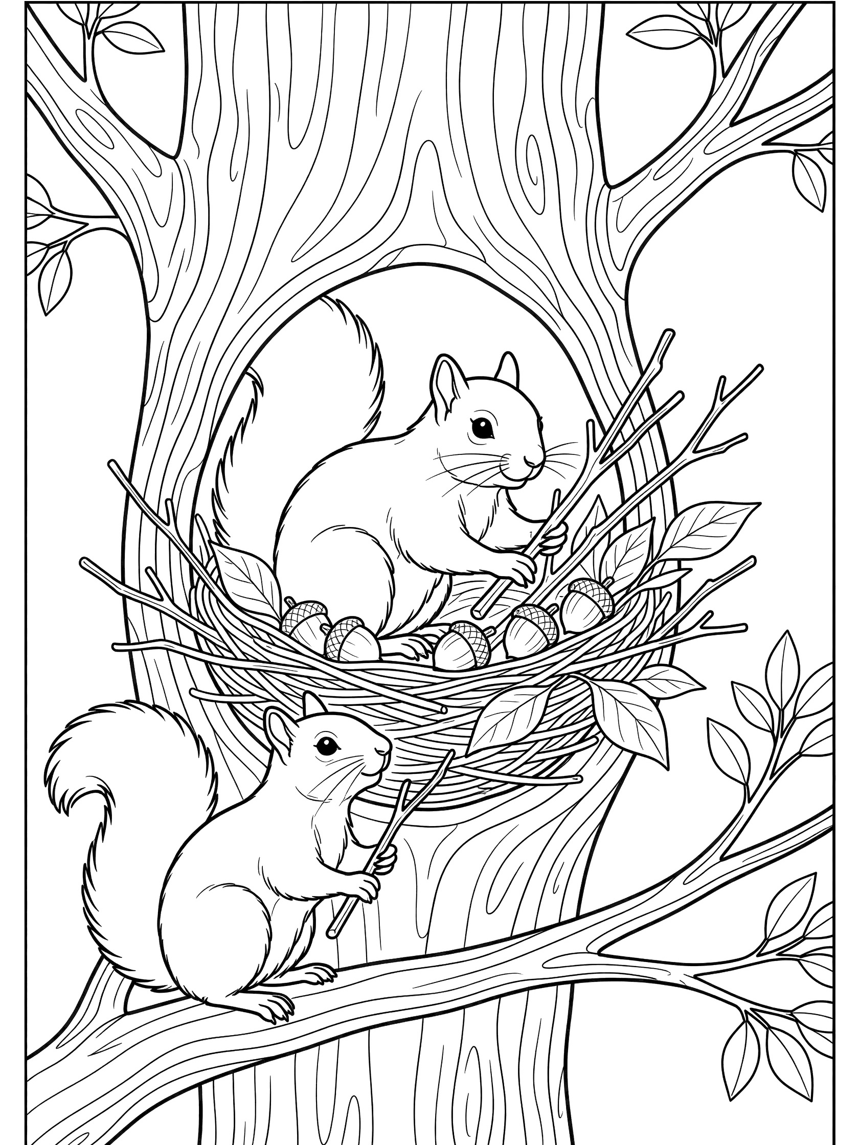 Black and white line art of two squirrels in a tree nest, one arranging twigs and acorns, the other watching from a branch, coloring book style.