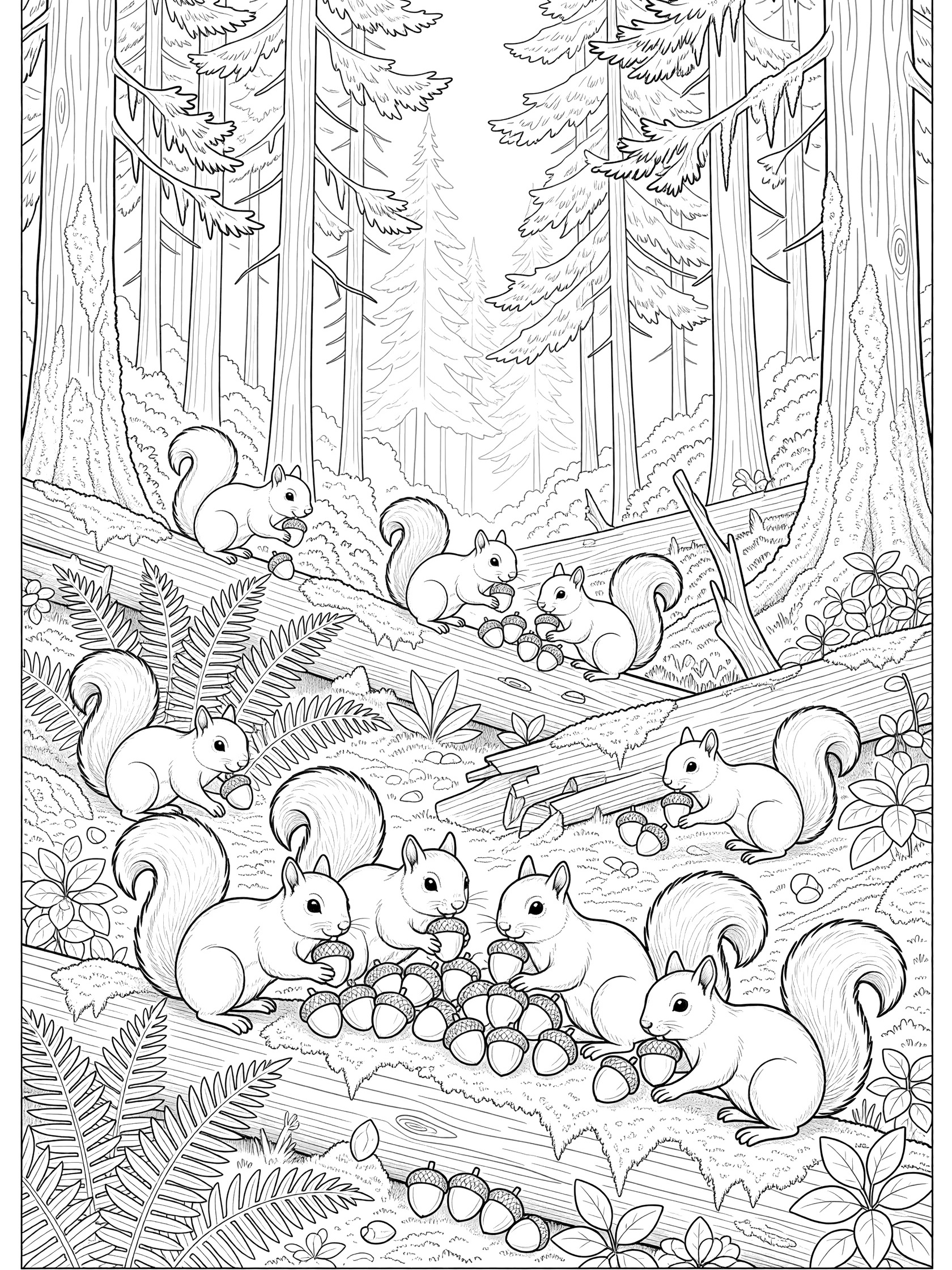 Printable coloring page showing squirrels gathering acorns among ferns and logs in Pacific North West Forests with tall fir trees in the background