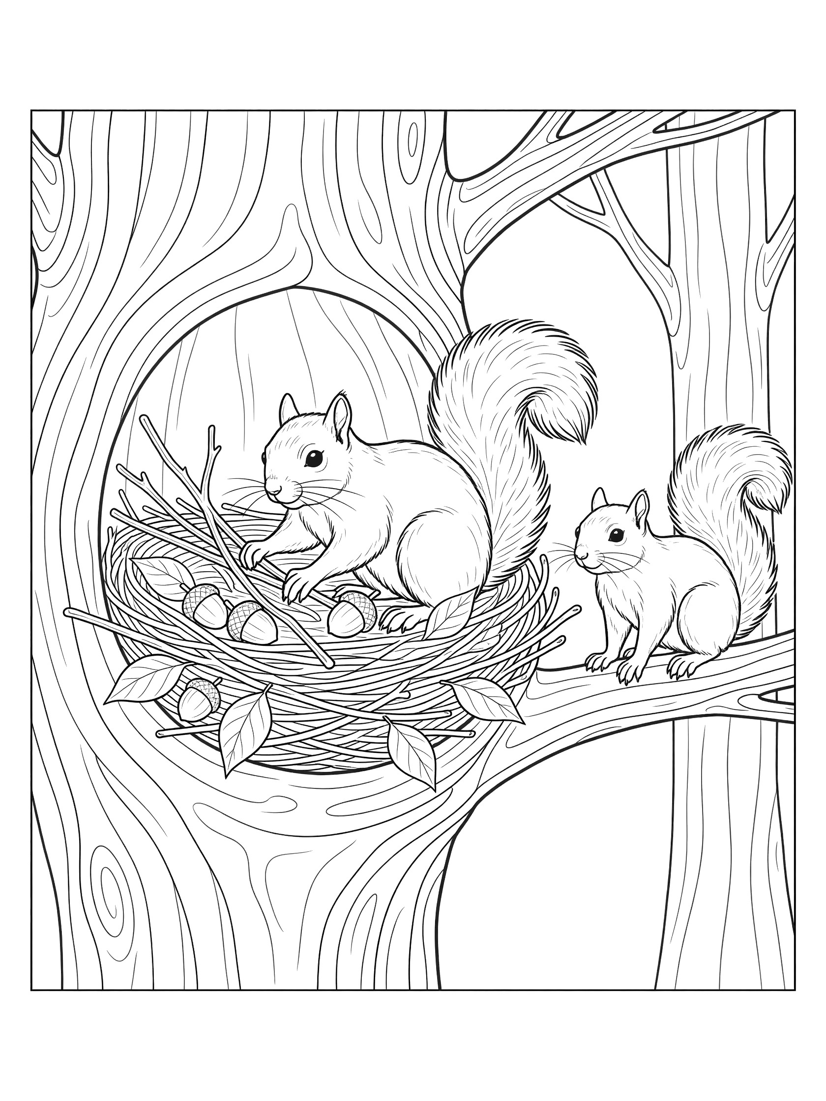 Black and white line art of two squirrels in a tree hollow nest with twigs, leaves and acorns, printable coloring page