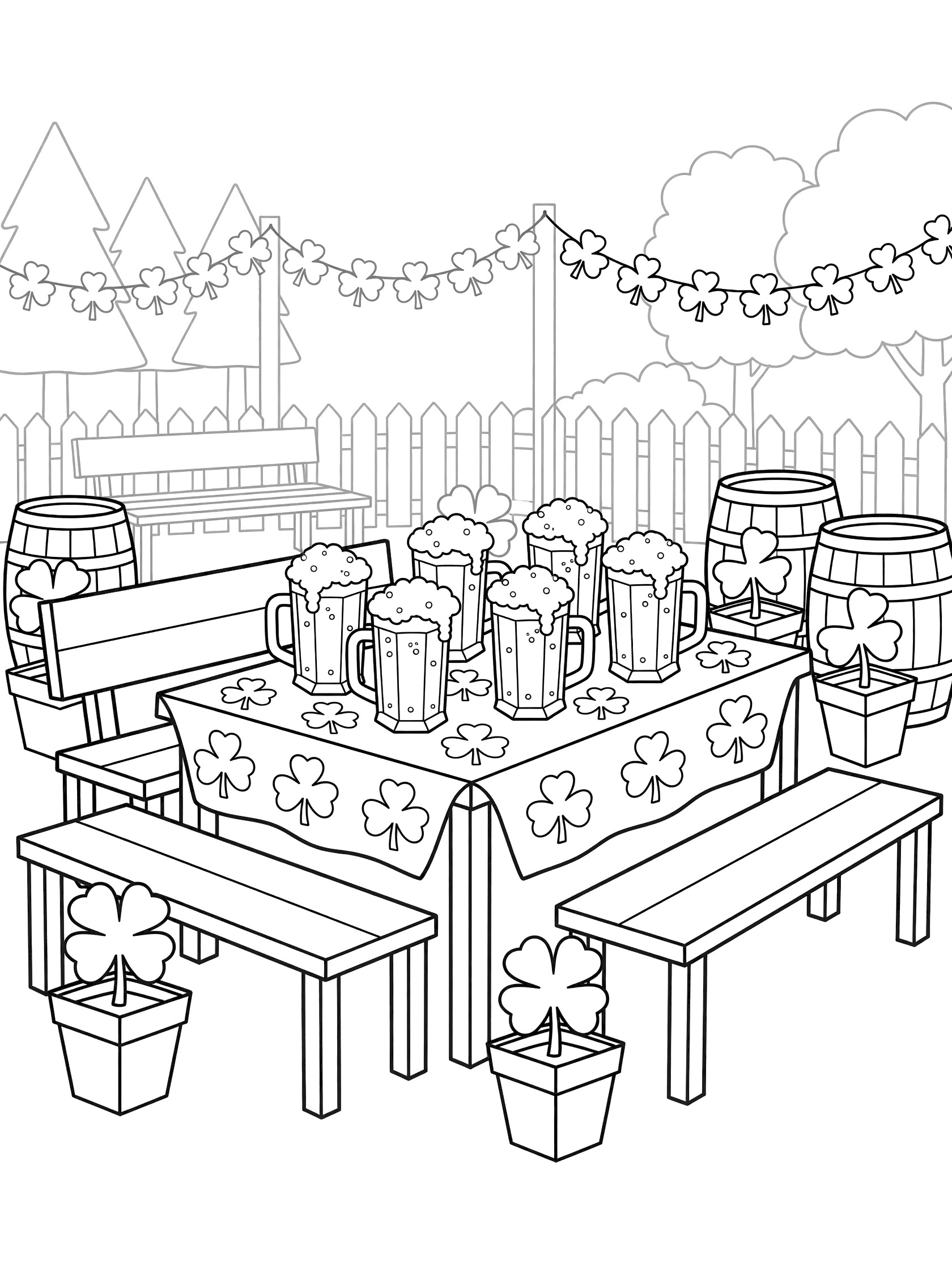 Black and white line art of a St. Patrick's Day beer garden table covered in shamrocks, loaded with tall overflowing beer mugs, flanked by benches, potted clovers, and barrels, with fence and garlands in the background.