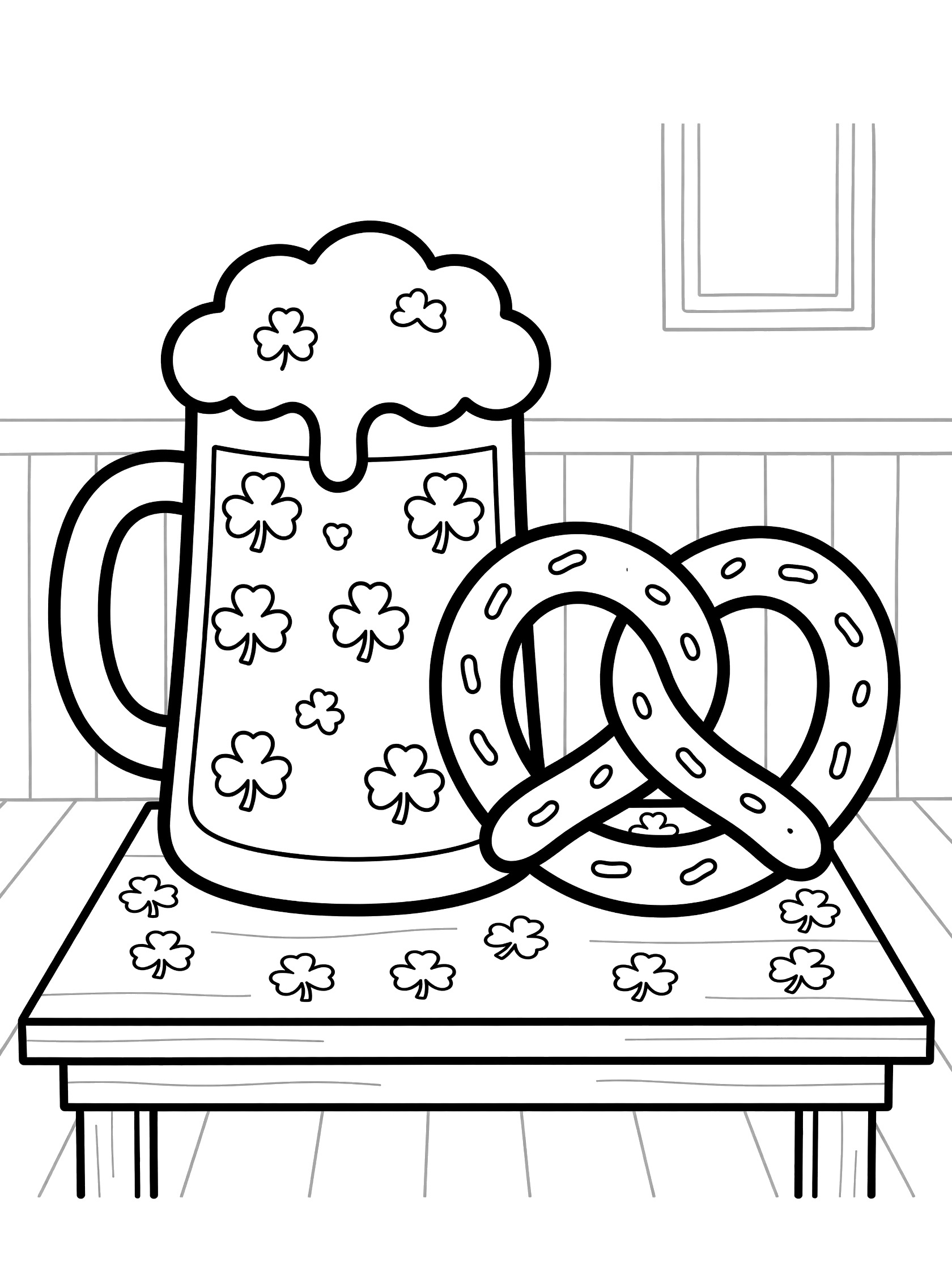 Simple line art coloring page showing a large beer mug with foam and shamrocks beside a big pretzel on a table with clover leaves for easy kid coloring.