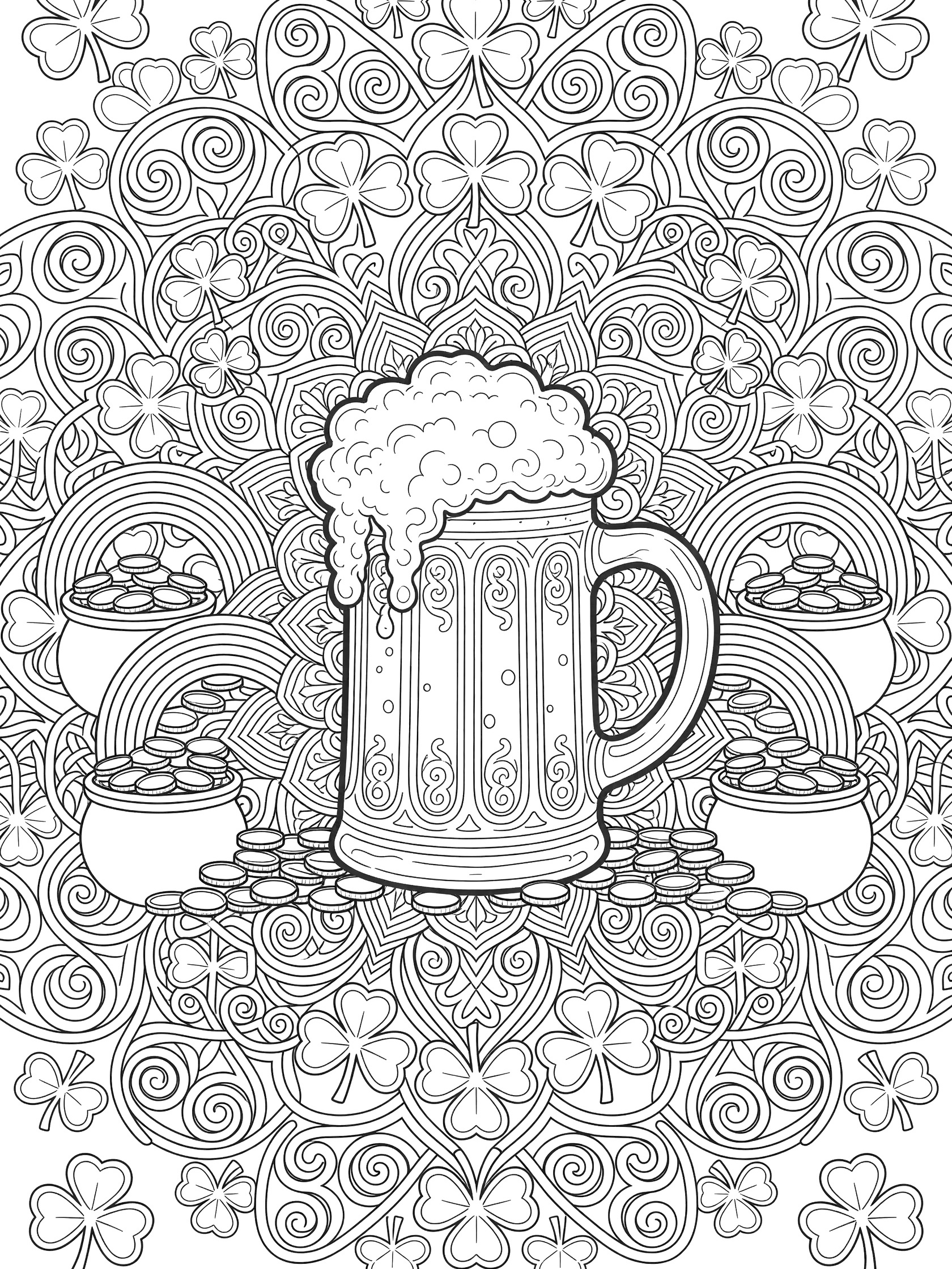 Black and white line art coloring page of a detailed mandala beer mug for St. Patrick's Day, featuring frothy foam, shamrocks, four-leaf clovers, Celtic knots, spilling gold coins, and tiny rainbows.